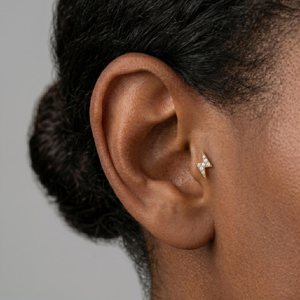 14K Solid Gold Lightning Bolt CZ Flat Back Earring - Cubic zirconia, Yellow gold, Solid gold