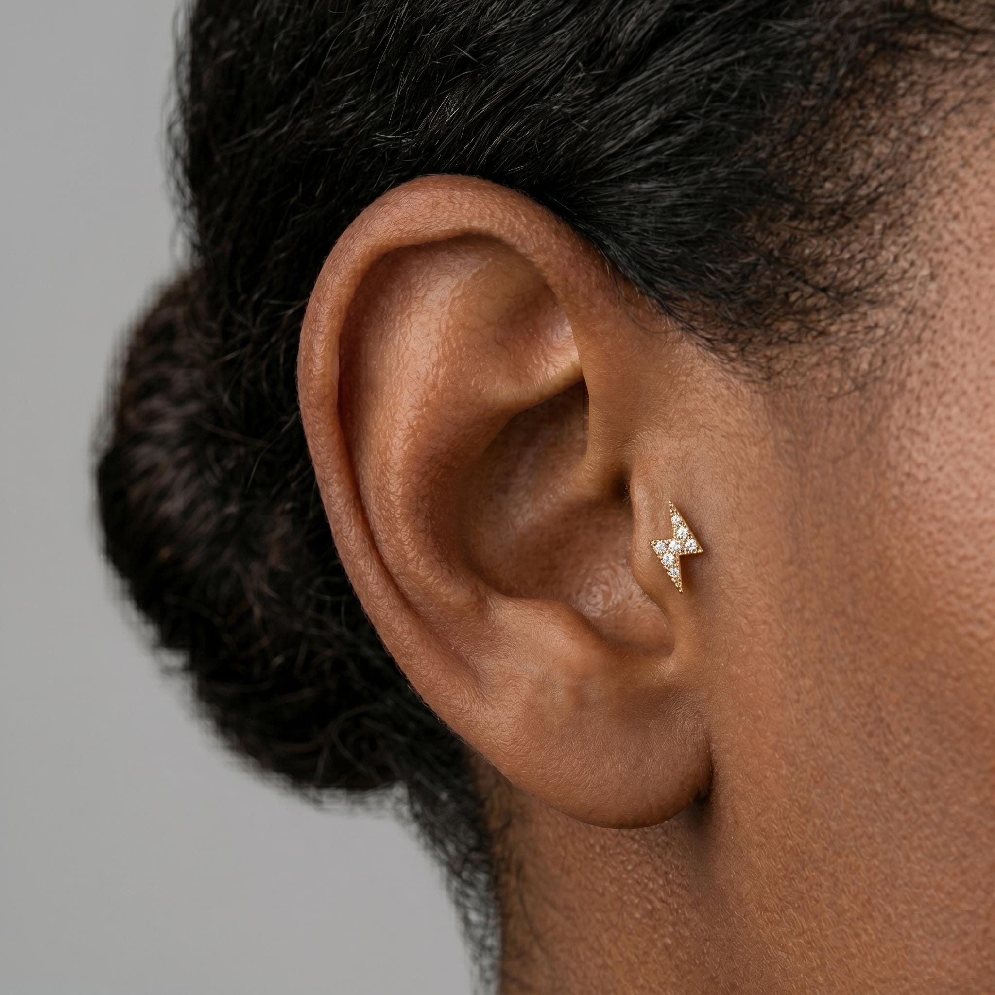 14K Solid Gold Lightning Bolt CZ Flat Back Earring - Cubic zirconia, Yellow gold, Solid gold