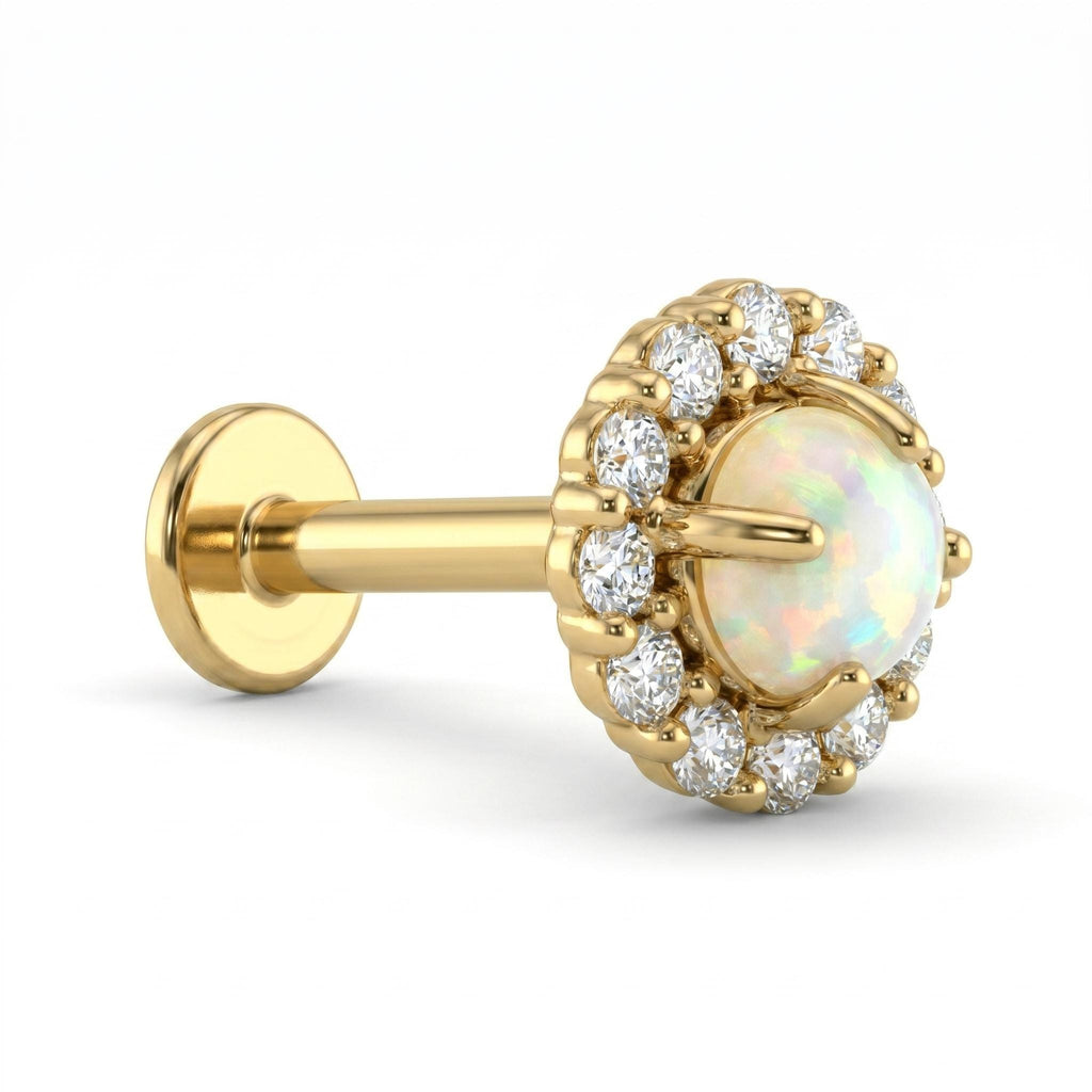 14K Solid Gold Opal Halo CZ Flat Back Earring - Opal, Yellow gold, Solid gold