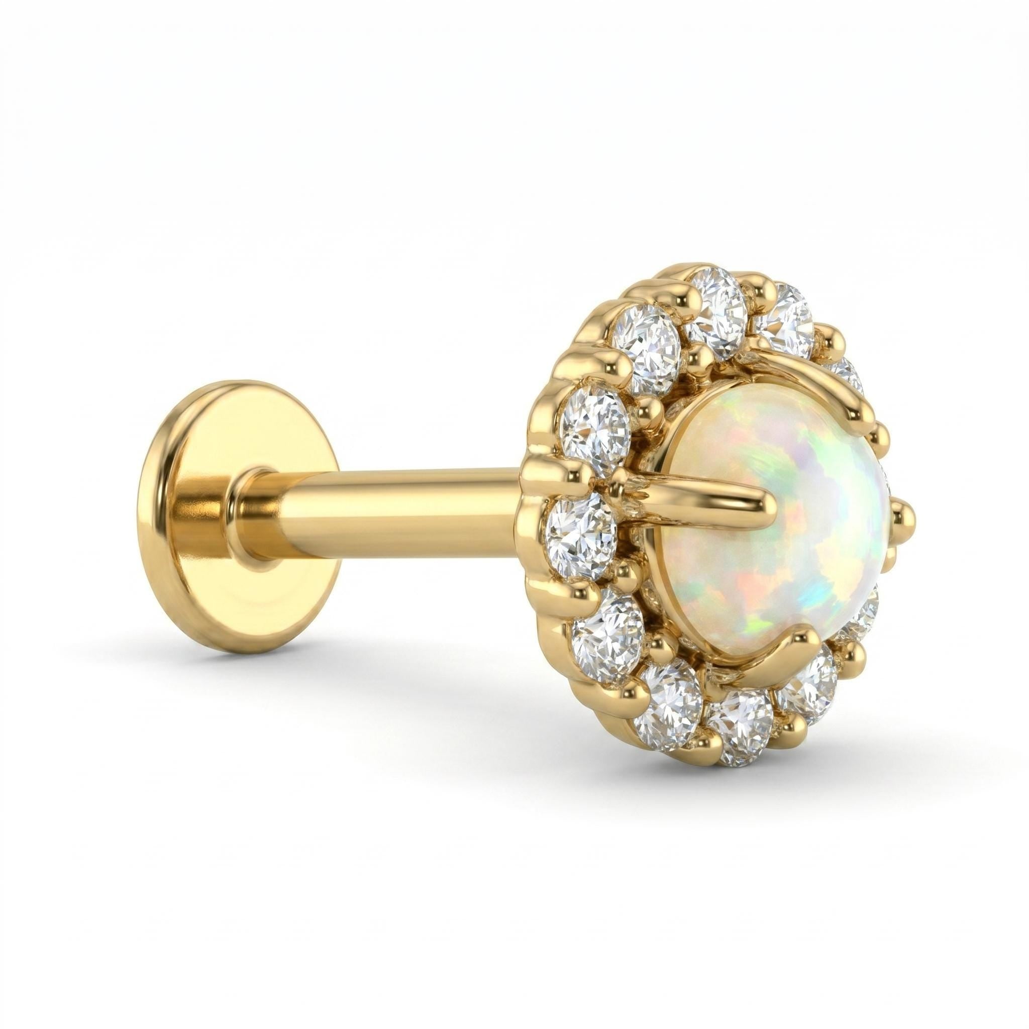 14K Solid Gold Opal Halo CZ Flat Back Earring - Opal, Yellow gold, Solid gold