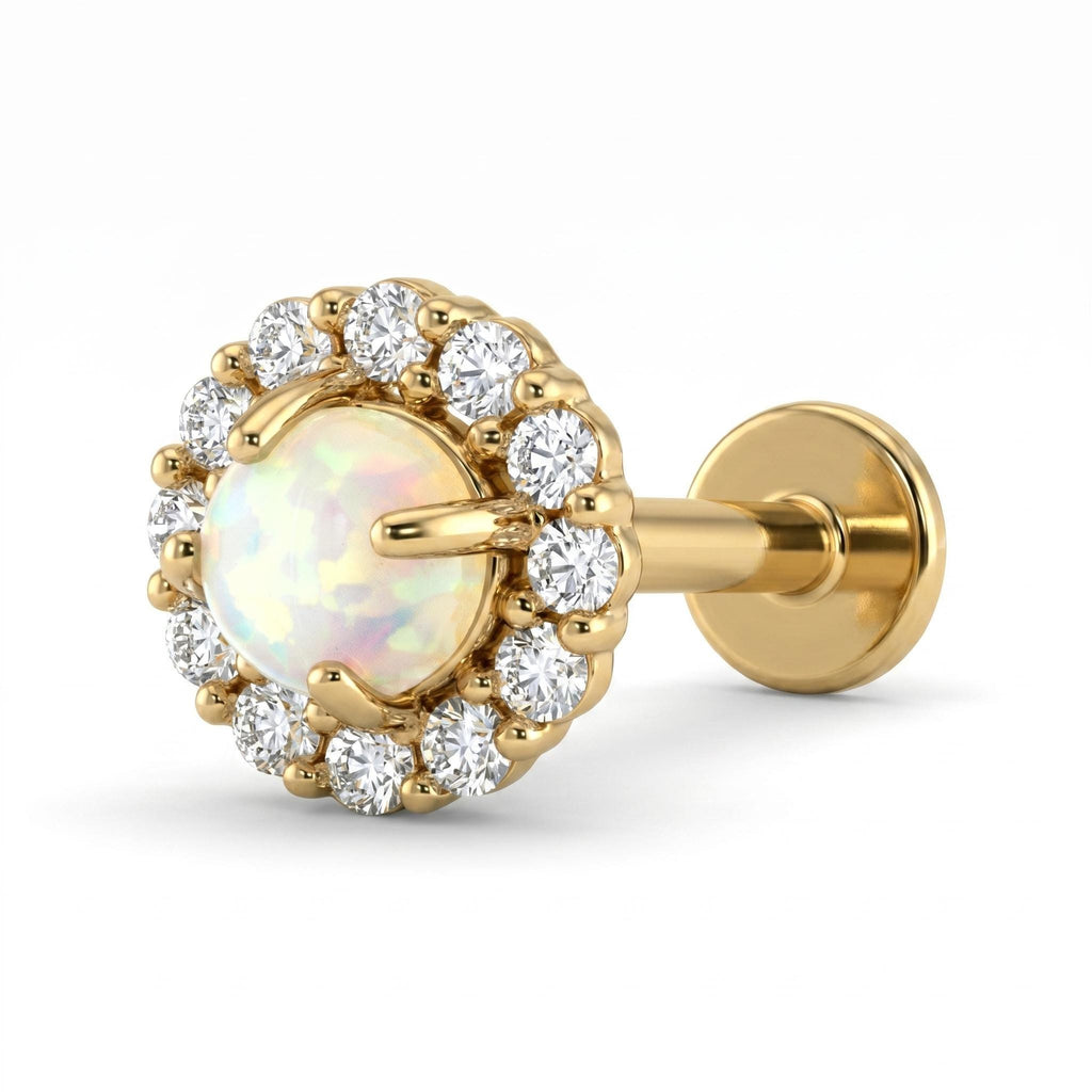 14K Solid Gold Opal Halo CZ Flat Back Earring - Opal, Yellow gold, Solid gold