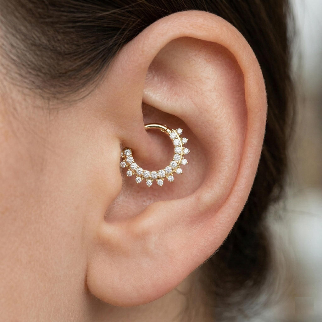 10K Solid Gold Daith Ring - Cubic zirconia, Yellow gold, Solid gold