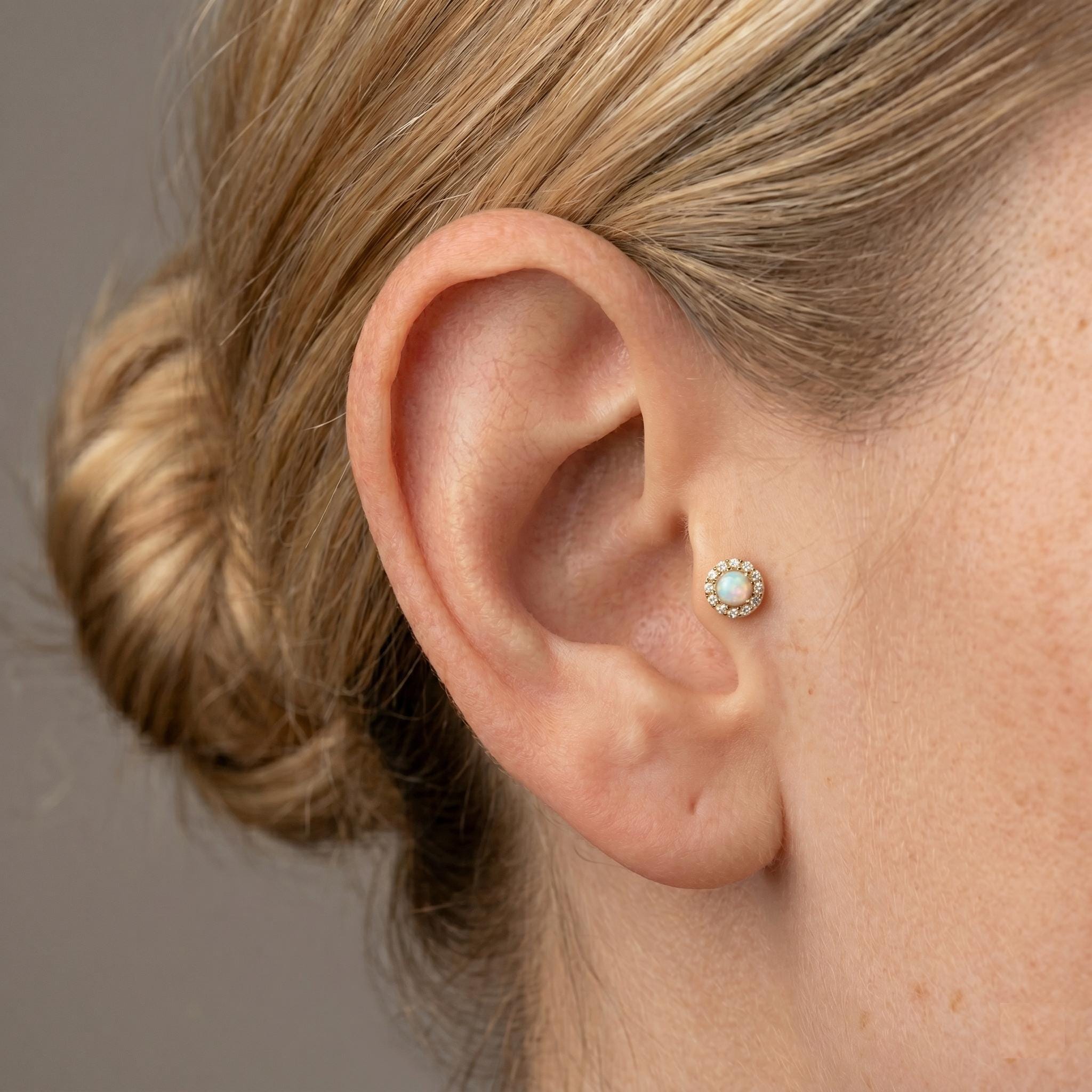 14K Solid Gold Opal Halo CZ Flat Back Earring - Opal, Yellow gold, Solid gold