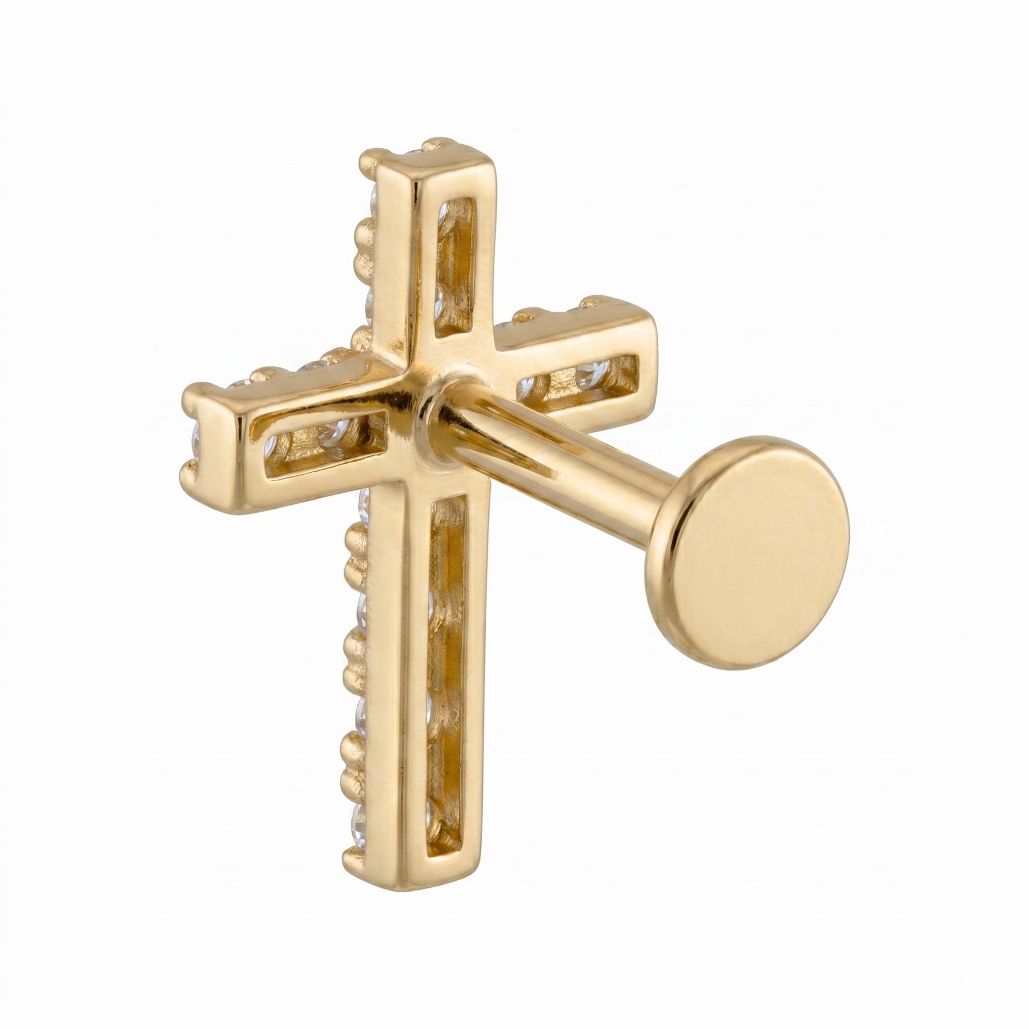 14K Solid Gold CZ Cross Flat Back Earring - Cubic zirconia, Yellow gold, Solid gold