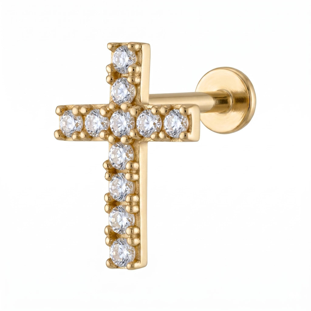 14K Solid Gold CZ Cross Flat Back Earring - Cubic zirconia, Yellow gold, Solid gold