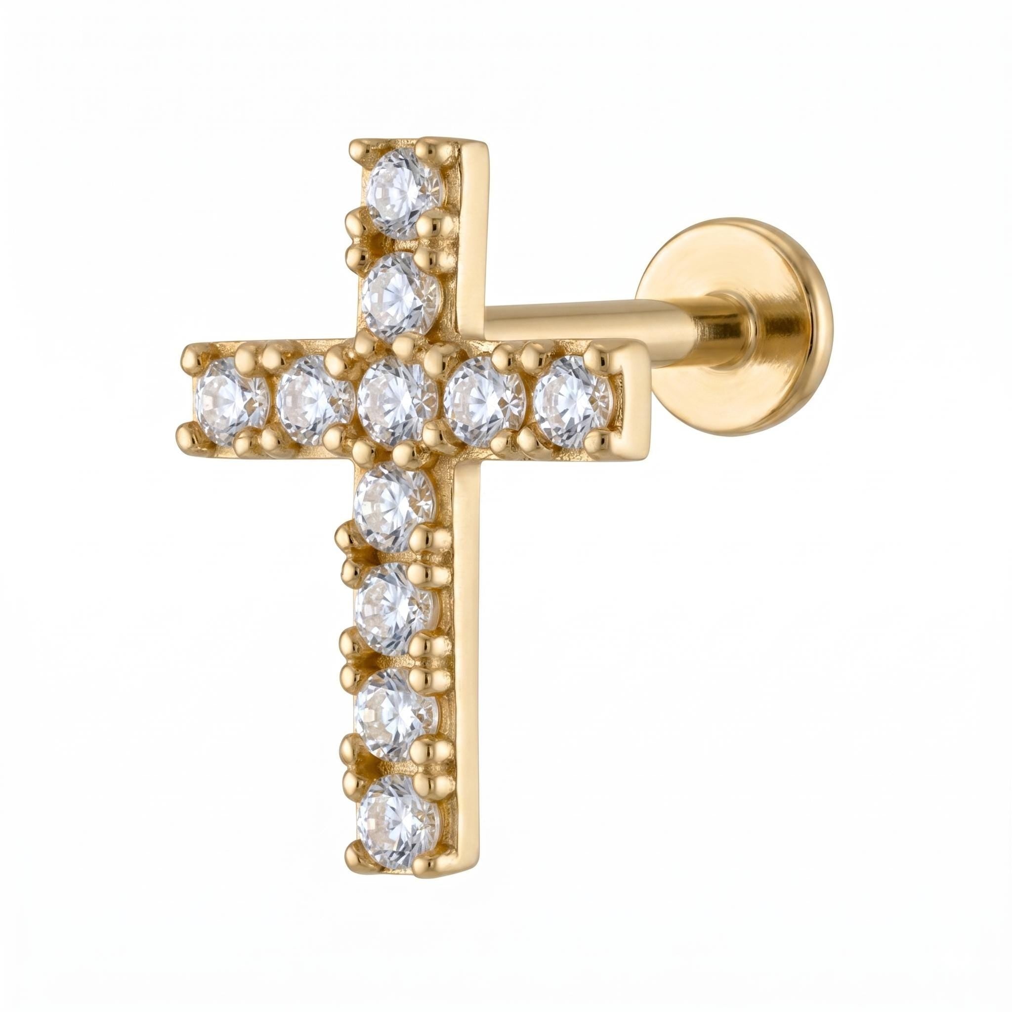 14K Solid Gold CZ Cross Flat Back Earring - Cubic zirconia, Yellow gold, Solid gold