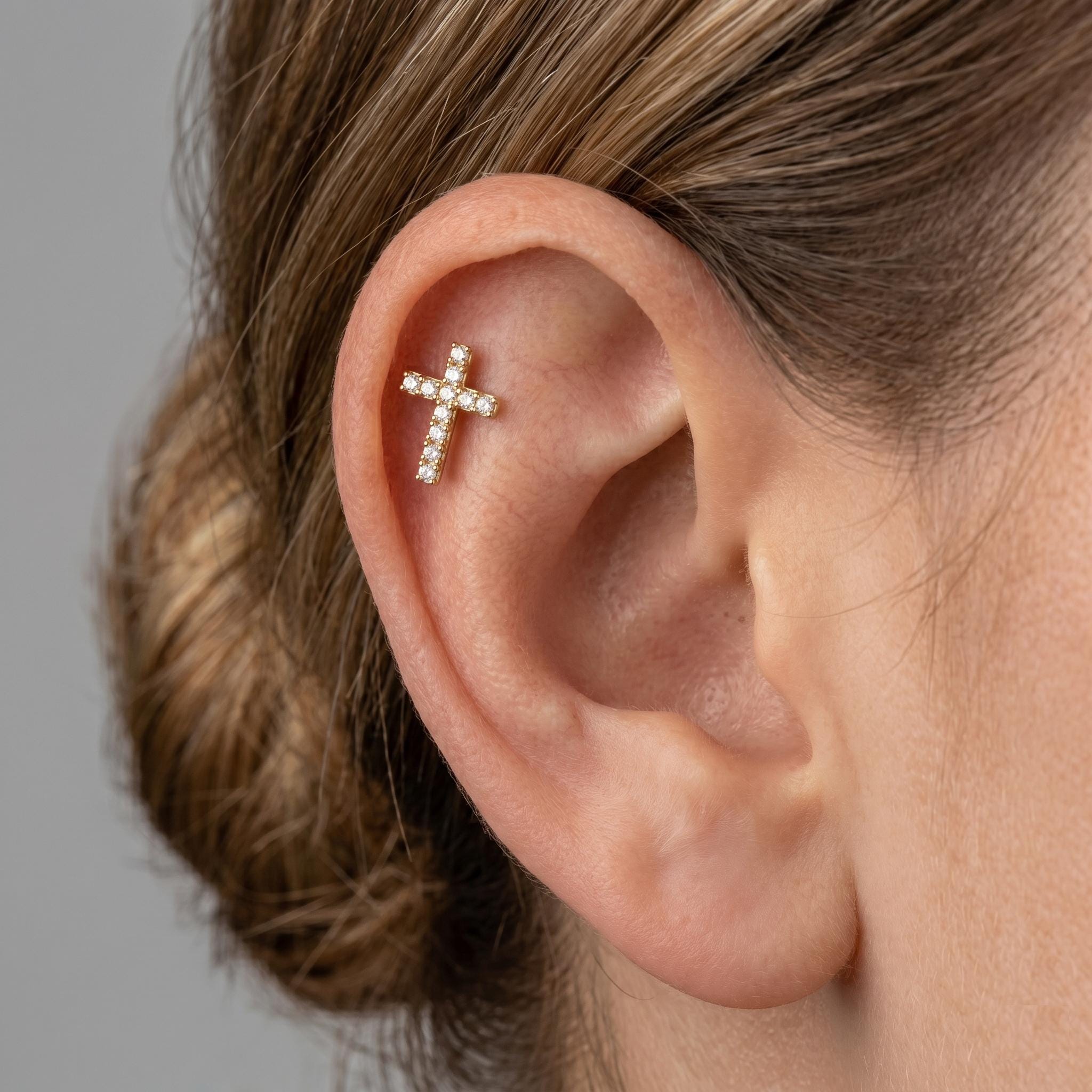14K Solid Gold CZ Cross Flat Back Earring - Cubic zirconia, Yellow gold, Solid gold