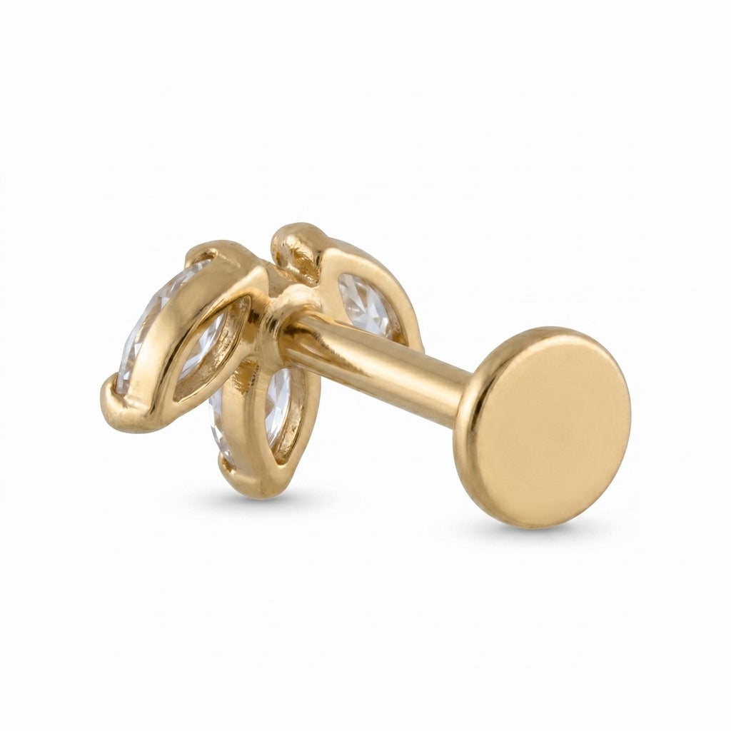 14K Solid Gold Marquise CZ Leaf Flat Back Earring - Cubic zirconia, Yellow gold, Solid gold