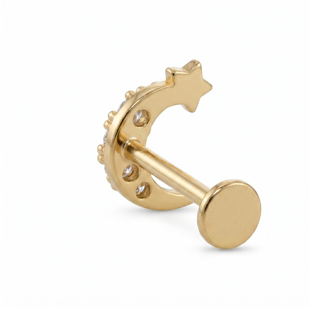 14K Solid Gold Moon Star CZ Flat Back Earring - Cubic zirconia, Yellow gold, Solid gold