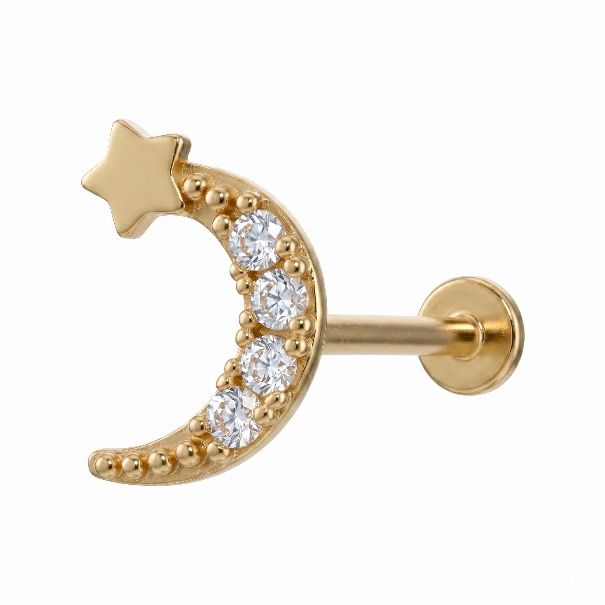 14K Solid Gold Moon Star CZ Flat Back Earring - Cubic zirconia, Yellow gold, Solid gold