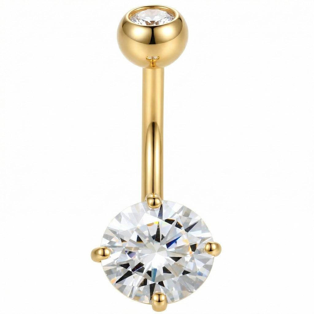 10K Solid Gold CZ Belly Ring - Cubic zirconia, Yellow gold, Solid gold