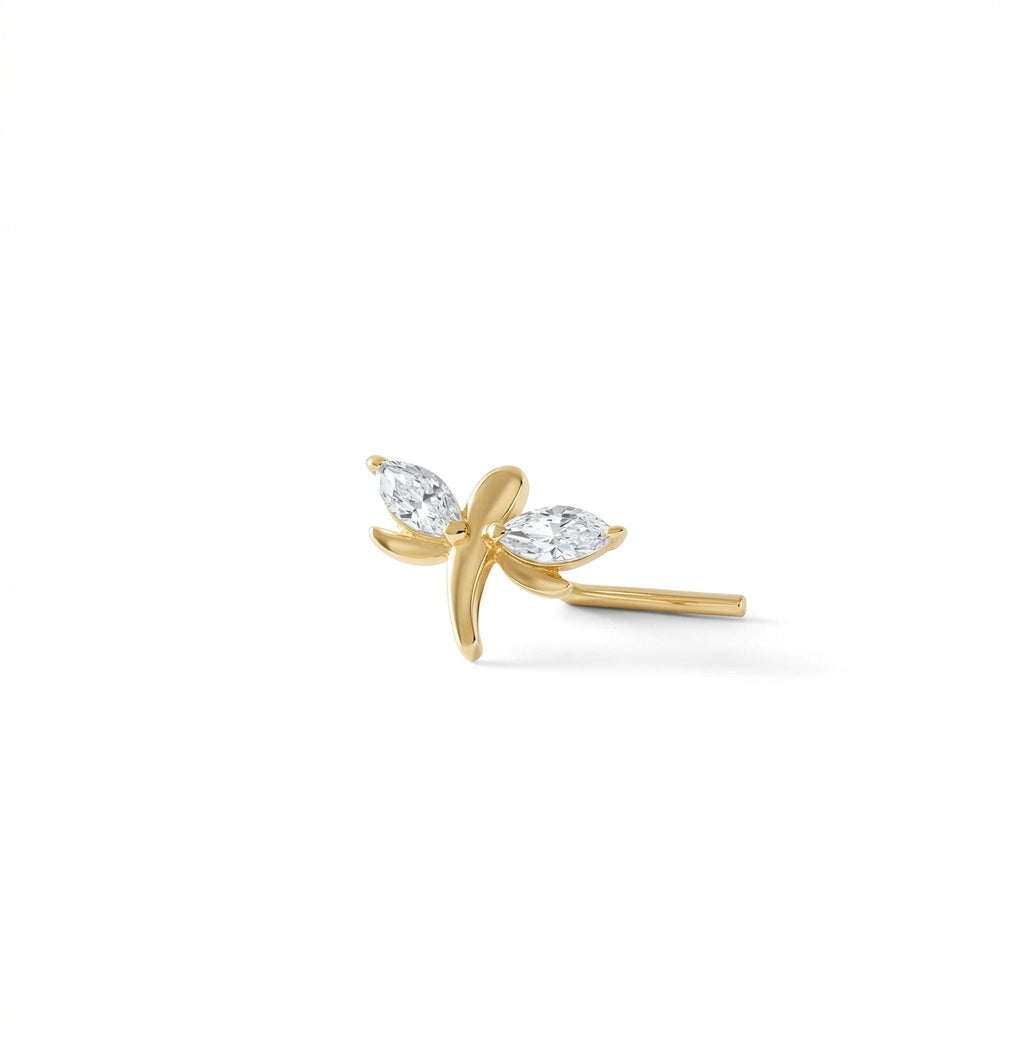 14K Solid Gold Dragonfly Nose Stud - Cubic zirconia, Yellow gold, Solid gold