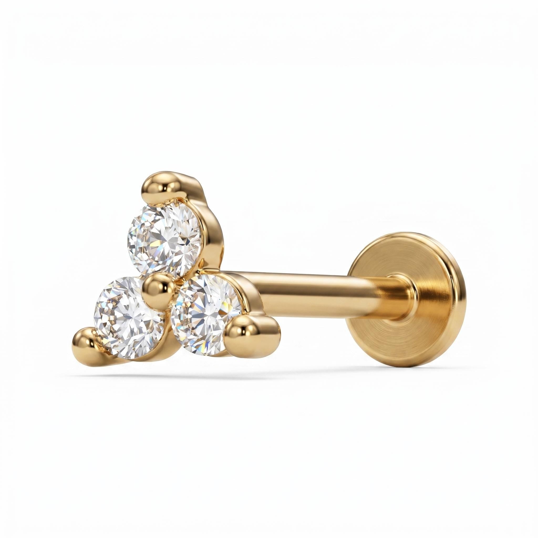 14K Solid Gold CZ Cluster Flat Back Earring - Cubic zirconia, Yellow gold, Solid gold