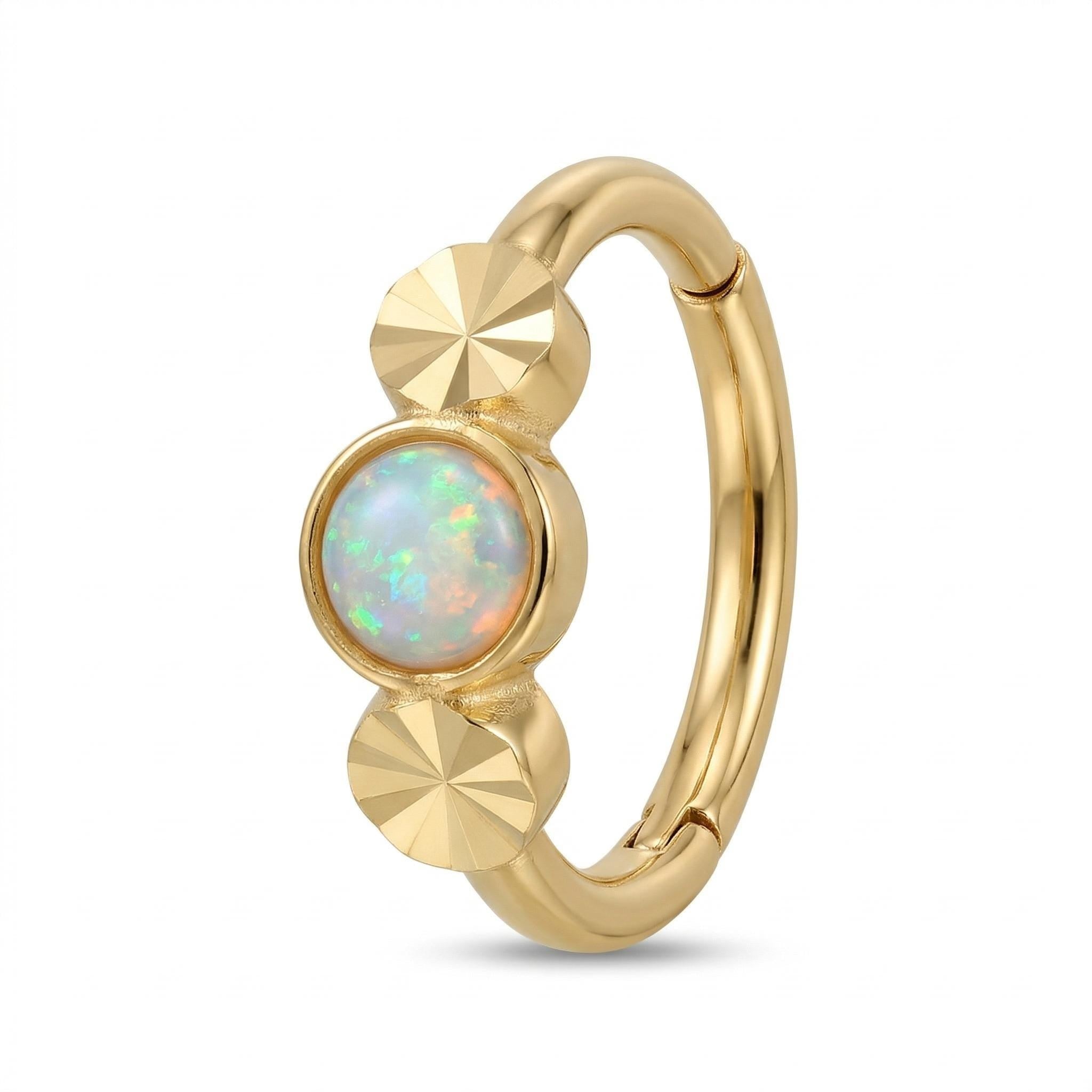 10K Solid Gold Opal Clicker Hoop - Opal, Yellow gold, Solid gold