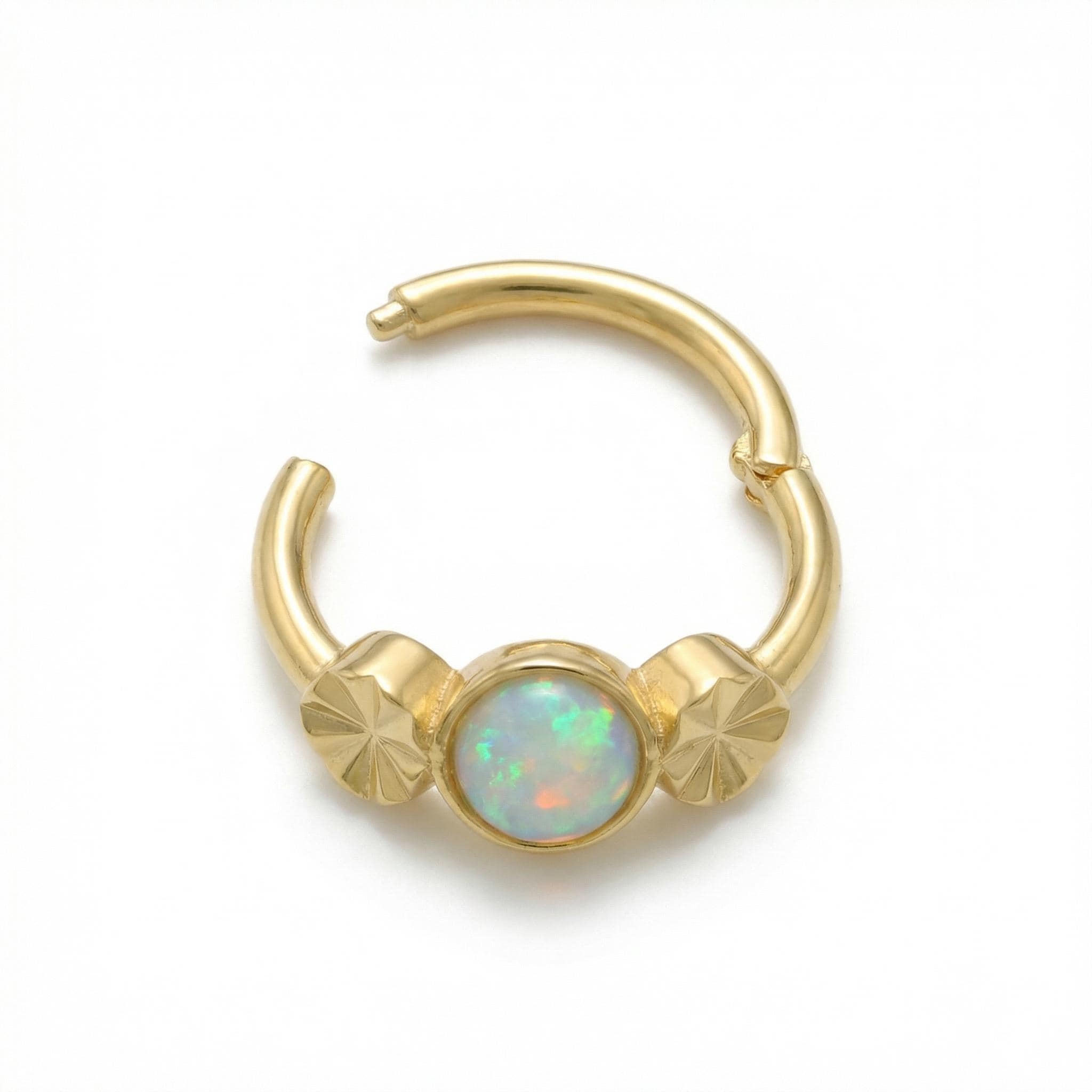 10K Solid Gold Opal Clicker Hoop - Opal, Yellow gold, Solid gold