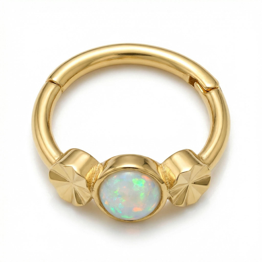 10K Solid Gold Opal Clicker Hoop - Opal, Yellow gold, Solid gold
