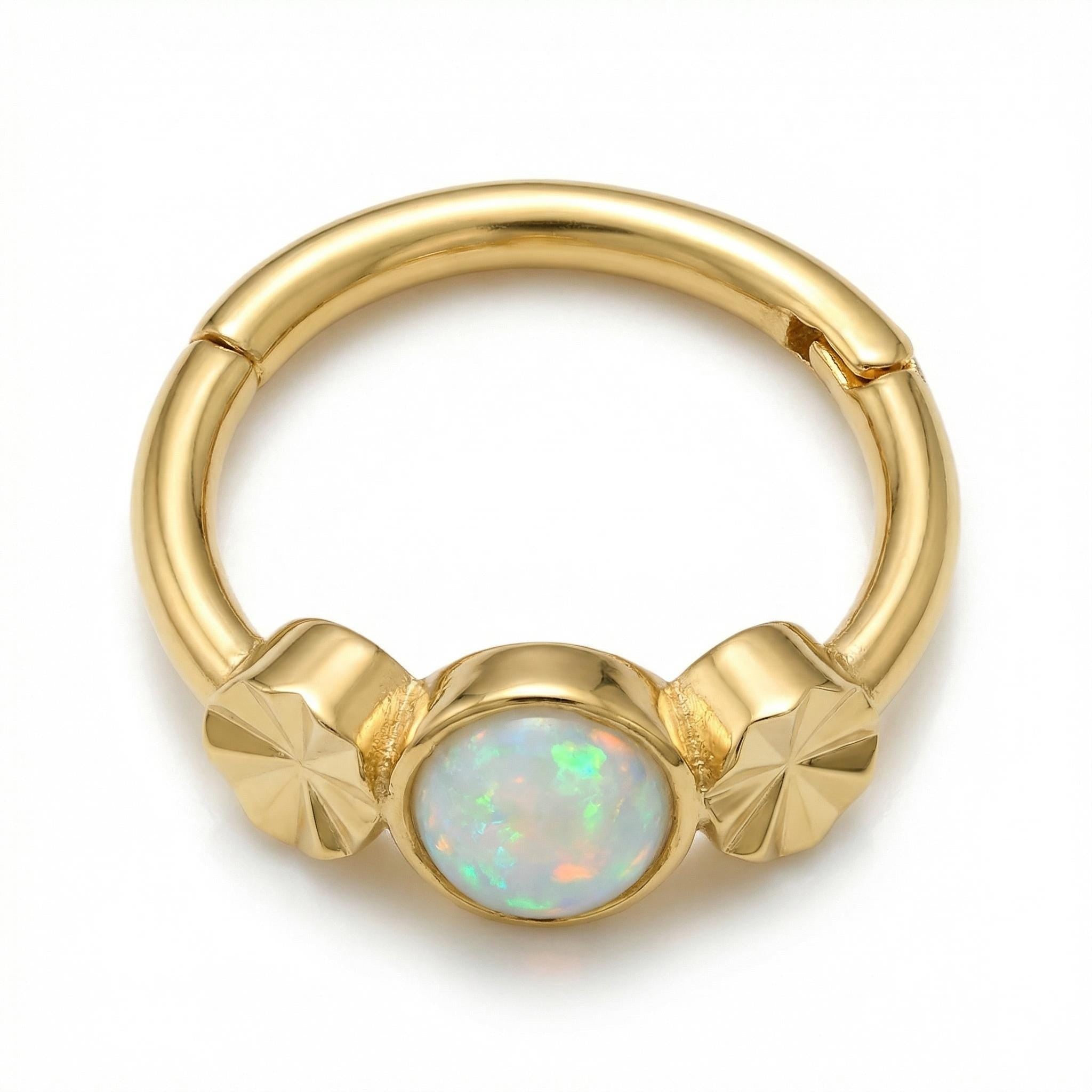 10K Solid Gold Opal Clicker Hoop - Opal, Yellow gold, Solid gold