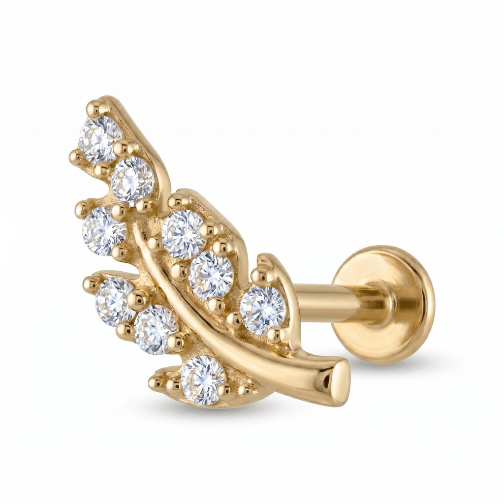 14K Solid Gold CZ Leaf Flat Back Earring - Cubic zirconia, Yellow gold, Solid gold