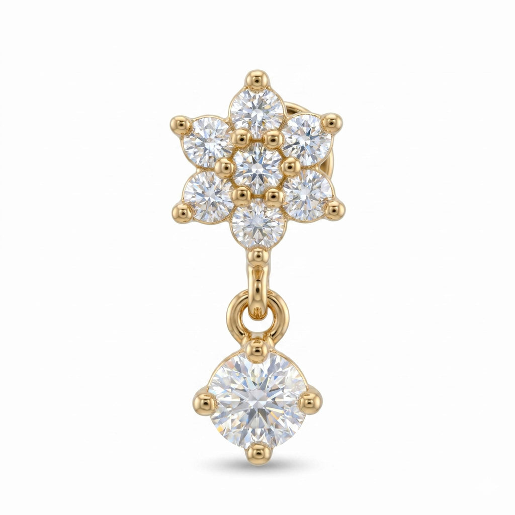 14K Solid Gold CZ Cluster Dangle Flat Back Earring - Cubic zirconia, Yellow gold, Solid gold