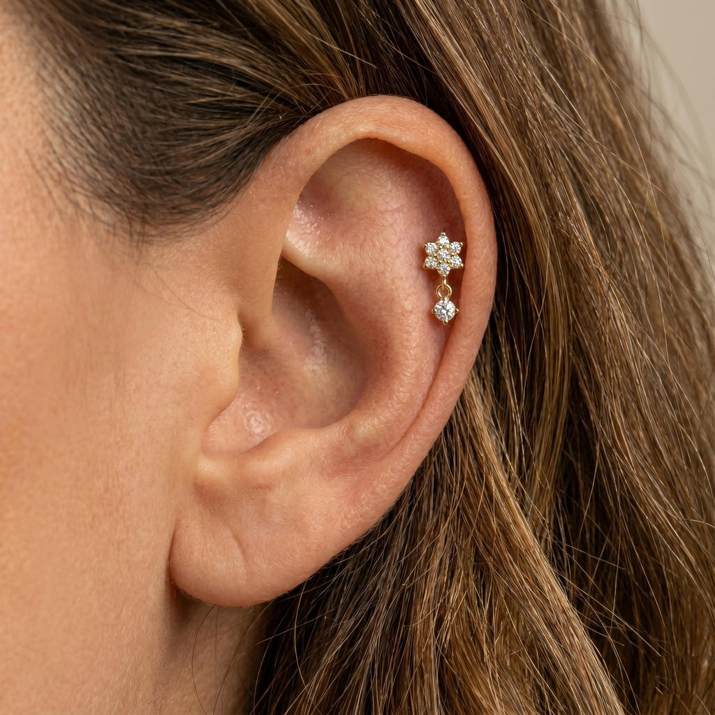 14K Solid Gold CZ Cluster Dangle Flat Back Earring - Cubic zirconia, Yellow gold, Solid gold