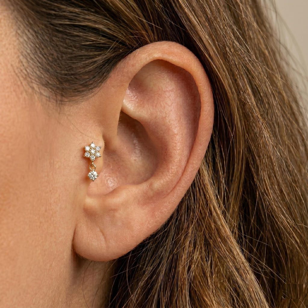 14K Solid Gold CZ Cluster Dangle Flat Back Earring - Cubic zirconia, Yellow gold, Solid gold