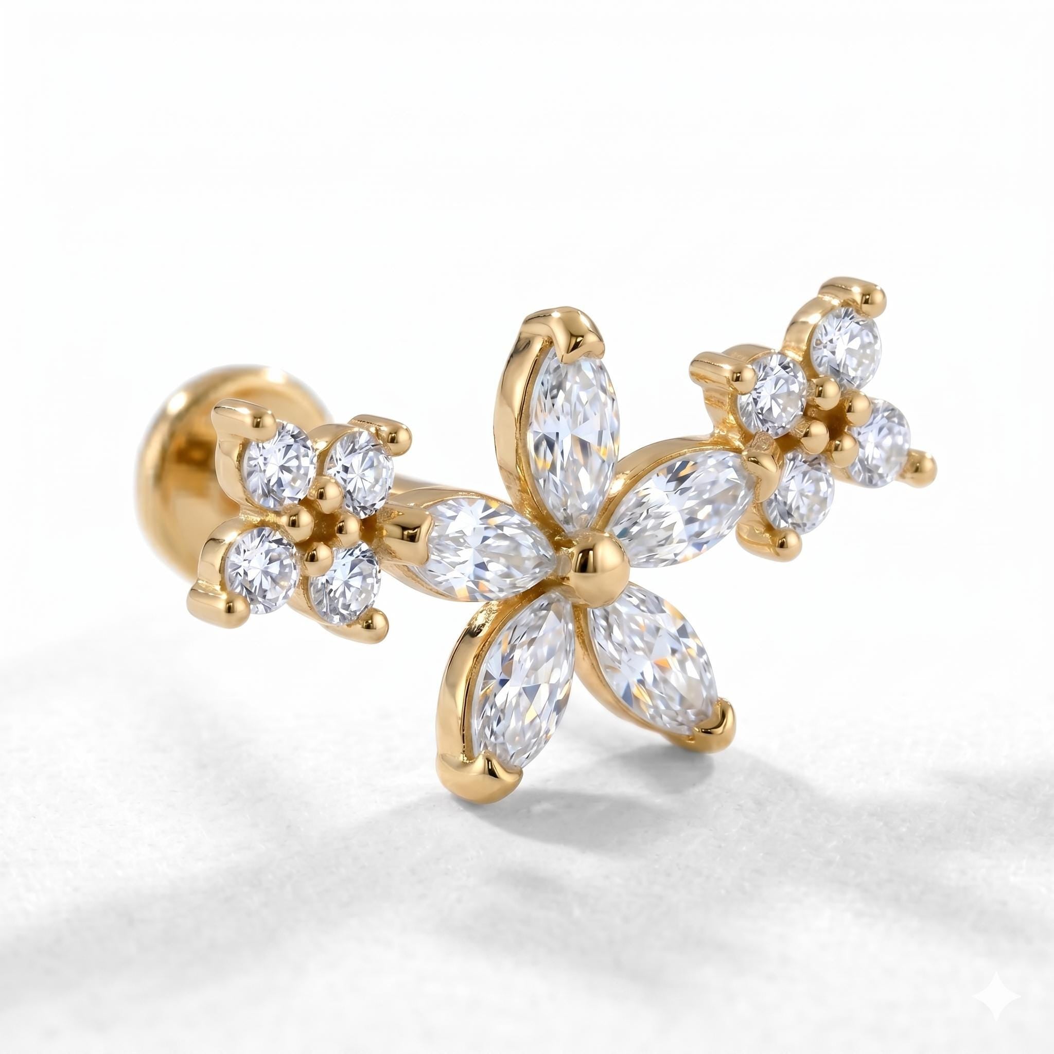 14K Solid Gold Floral CZ Cartilage Earring - Cubic zirconia, Yellow gold, Solid gold