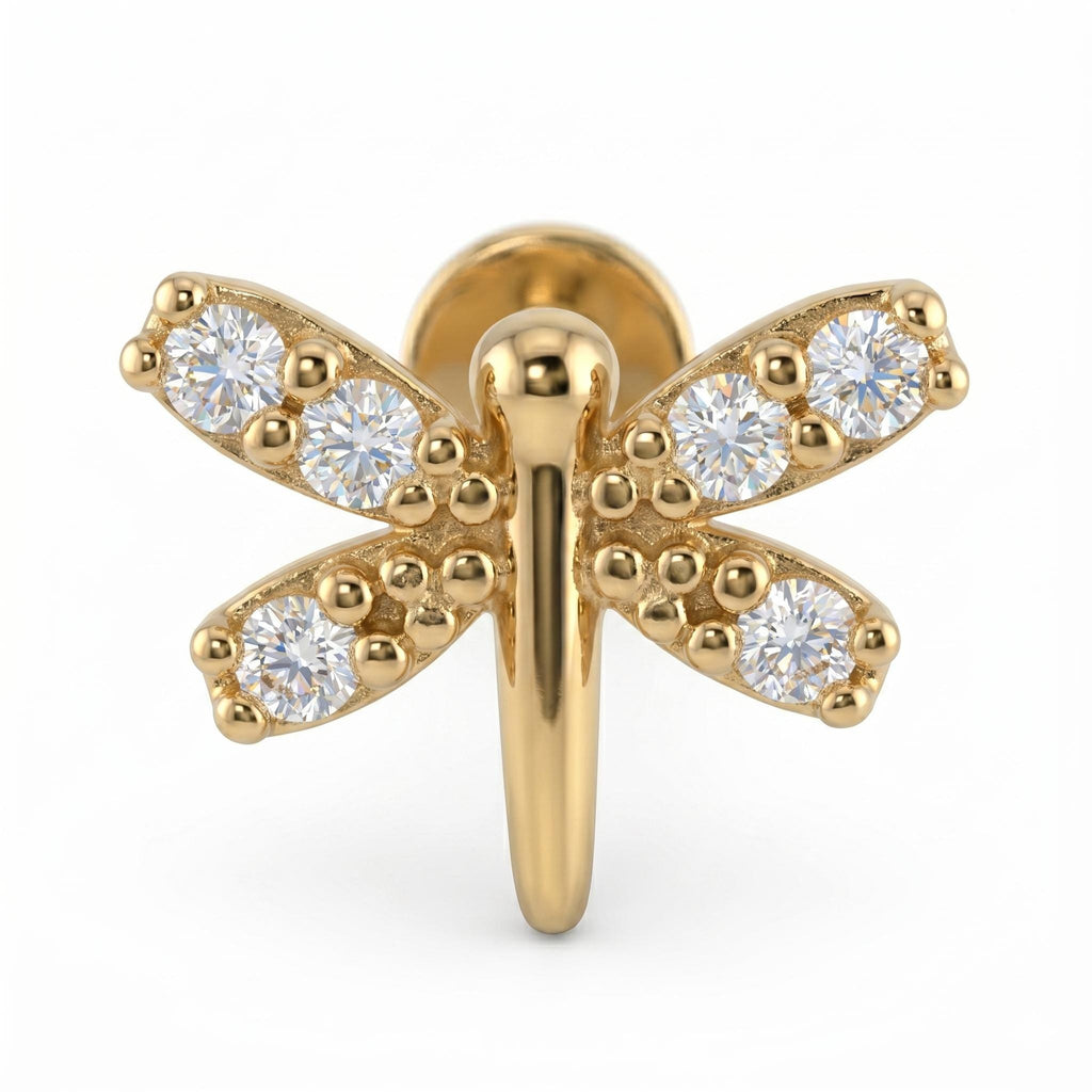 14K Solid Gold Dragonfly CZ Cartilage Earring - Cubic zirconia, Yellow gold, Solid gold