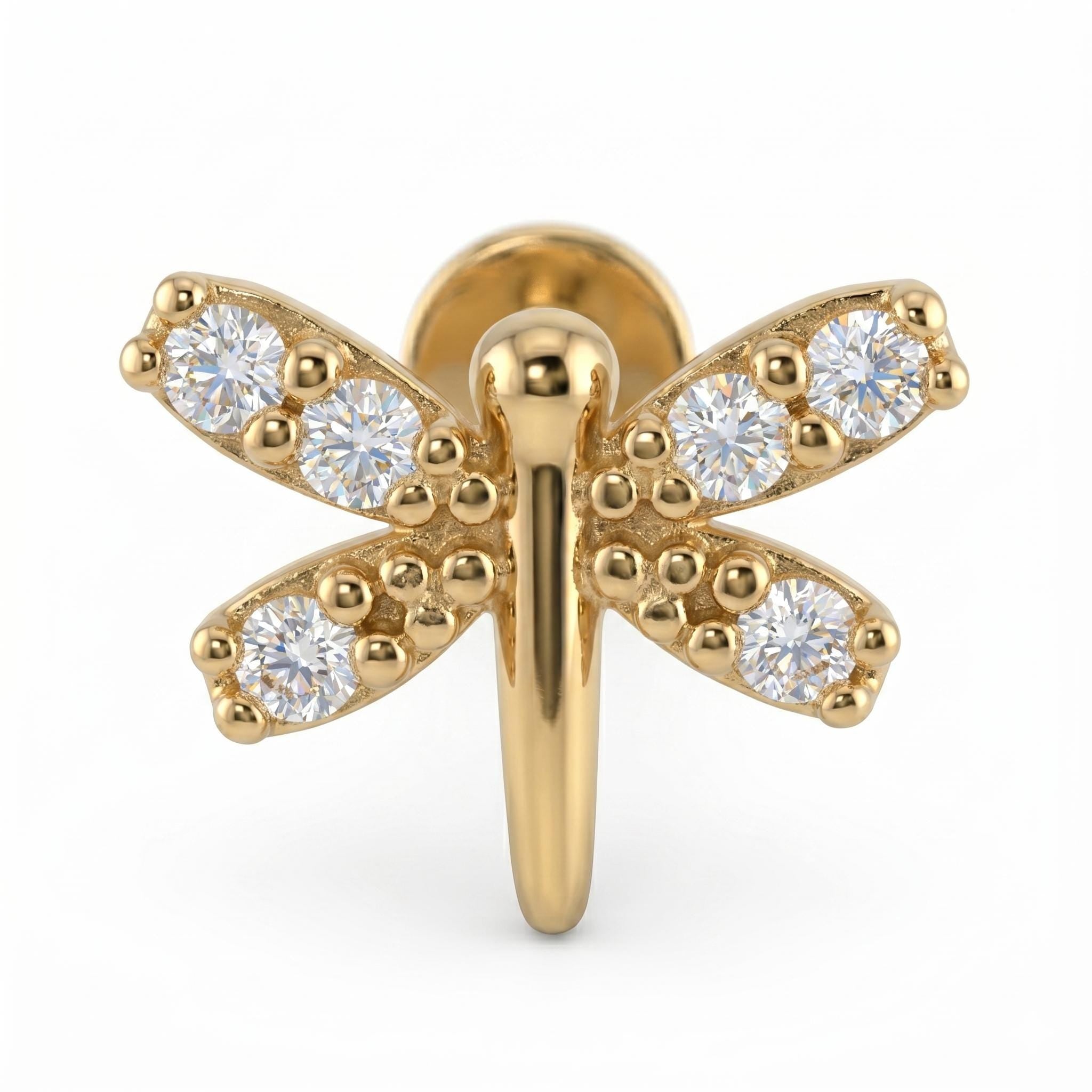 14K Solid Gold Dragonfly CZ Cartilage Earring - Cubic zirconia, Yellow gold, Solid gold