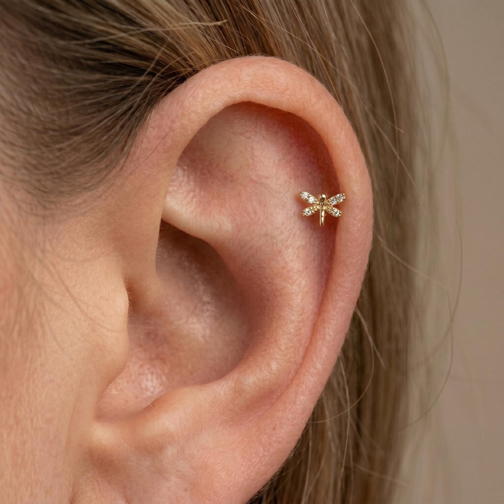 14K Solid Gold Dragonfly CZ Cartilage Earring - Cubic zirconia, Yellow gold, Solid gold
