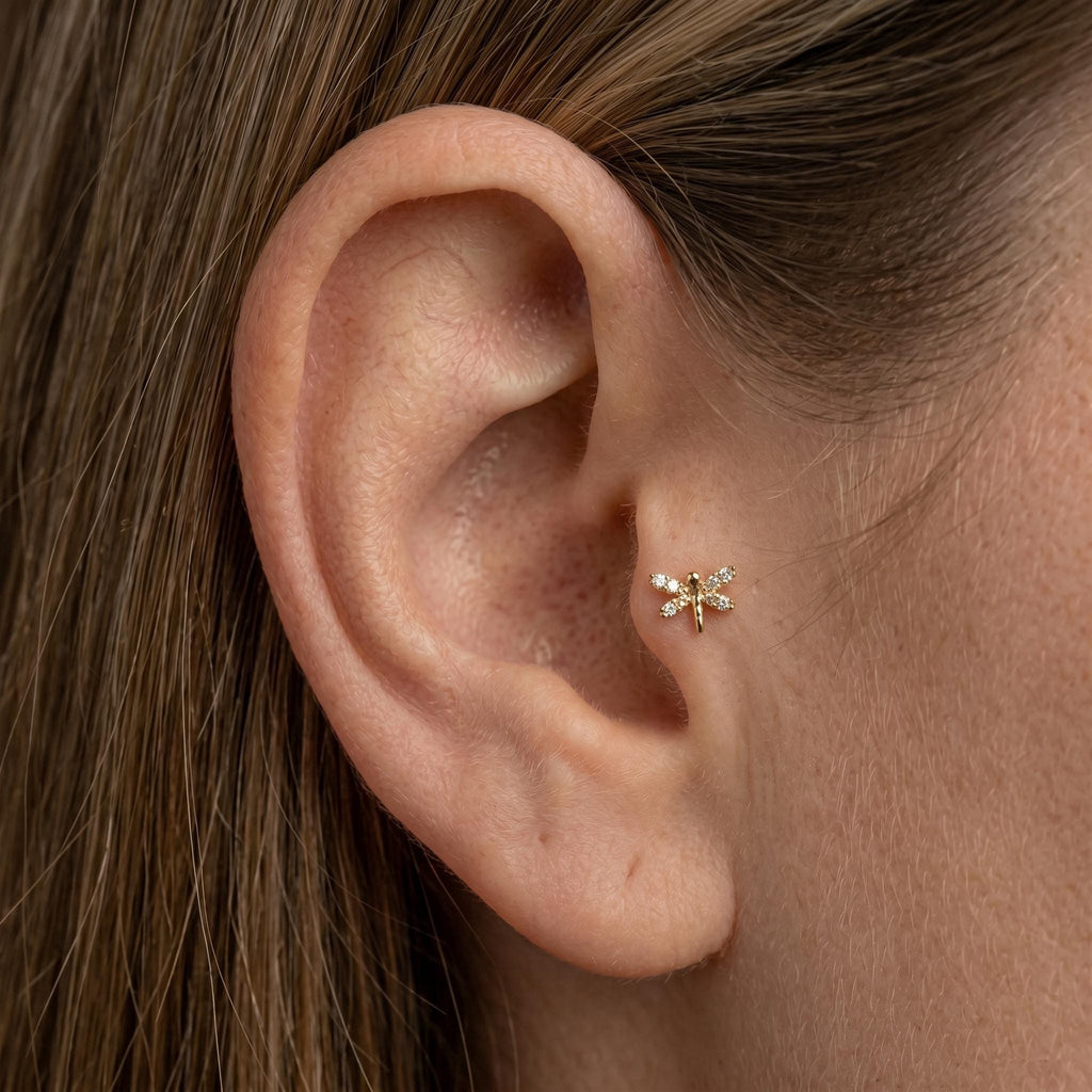 14K Solid Gold Dragonfly CZ Cartilage Earring - Cubic zirconia, Yellow gold, Solid gold