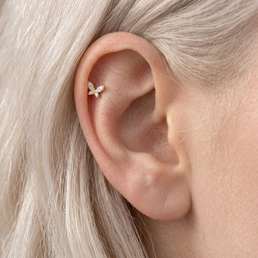 14K Solid Gold Butterfly CZ Cartilage Earring - Cubic zirconia, Yellow gold, Solid gold