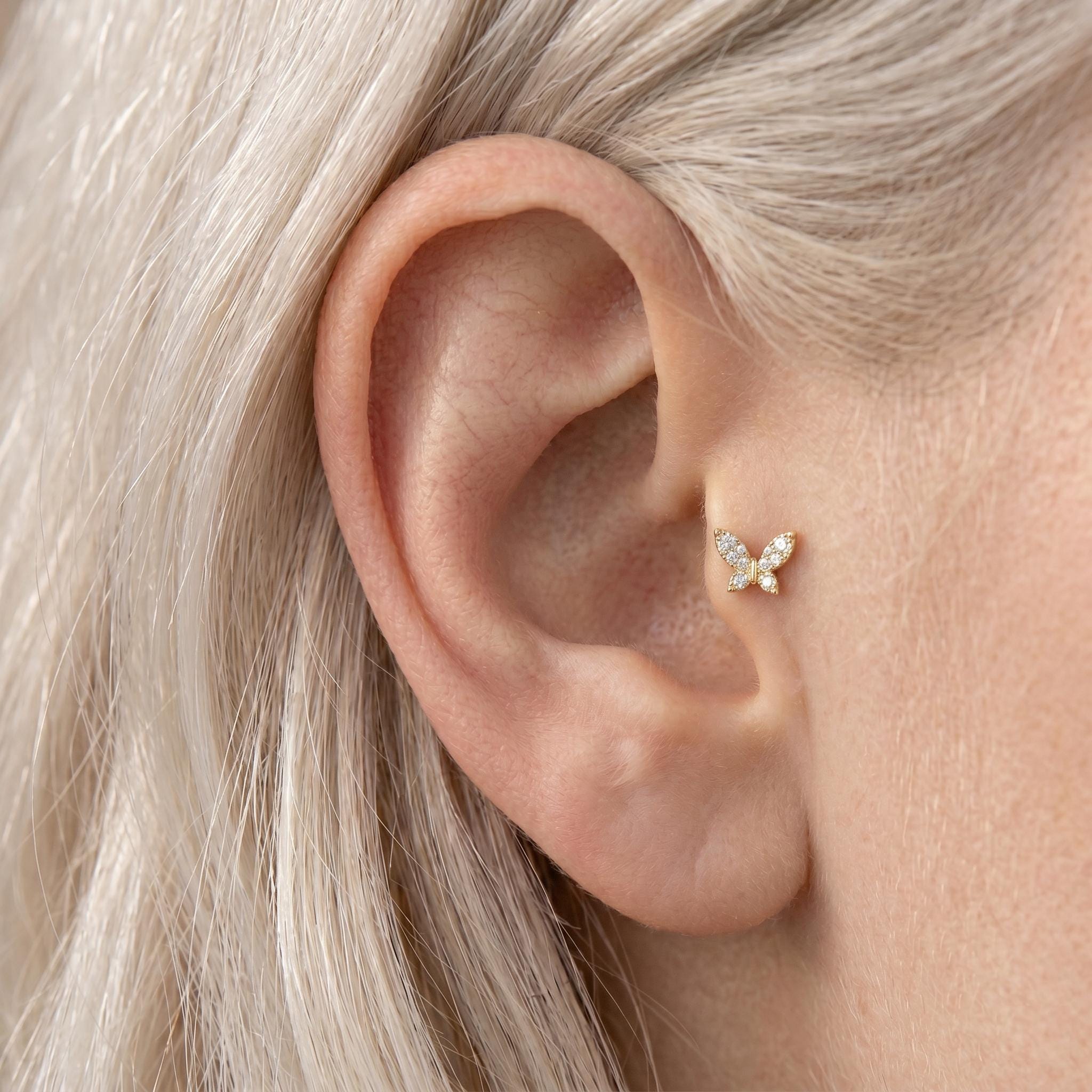14K Solid Gold Butterfly CZ Cartilage Earring - Cubic zirconia, Yellow gold, Solid gold