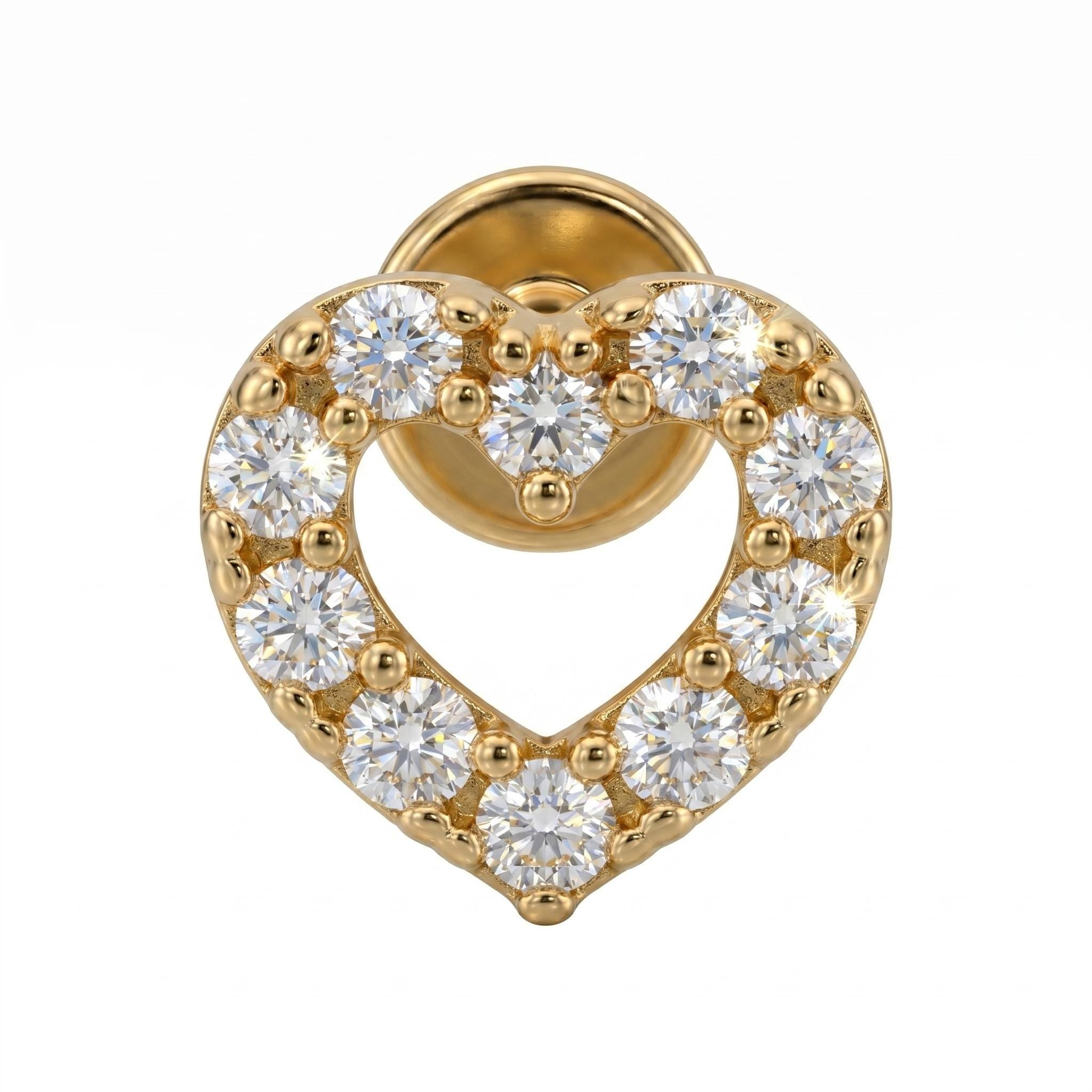 14K Solid Gold Heart CZ Cartilage Earring - Cubic zirconia, Yellow gold, Solid gold