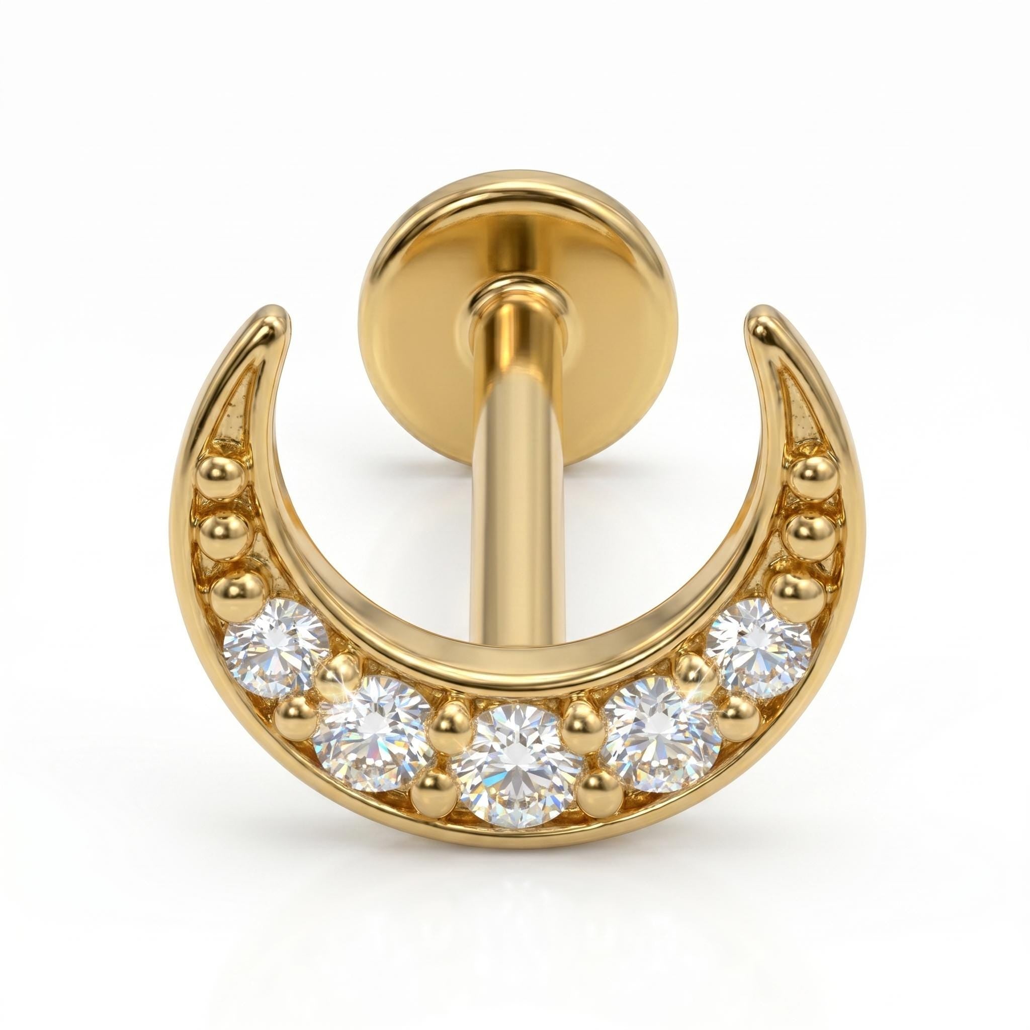 14K Solid Gold Crescent Moon CZ Cartilage Earring - Cubic zirconia, Yellow gold, Solid gold