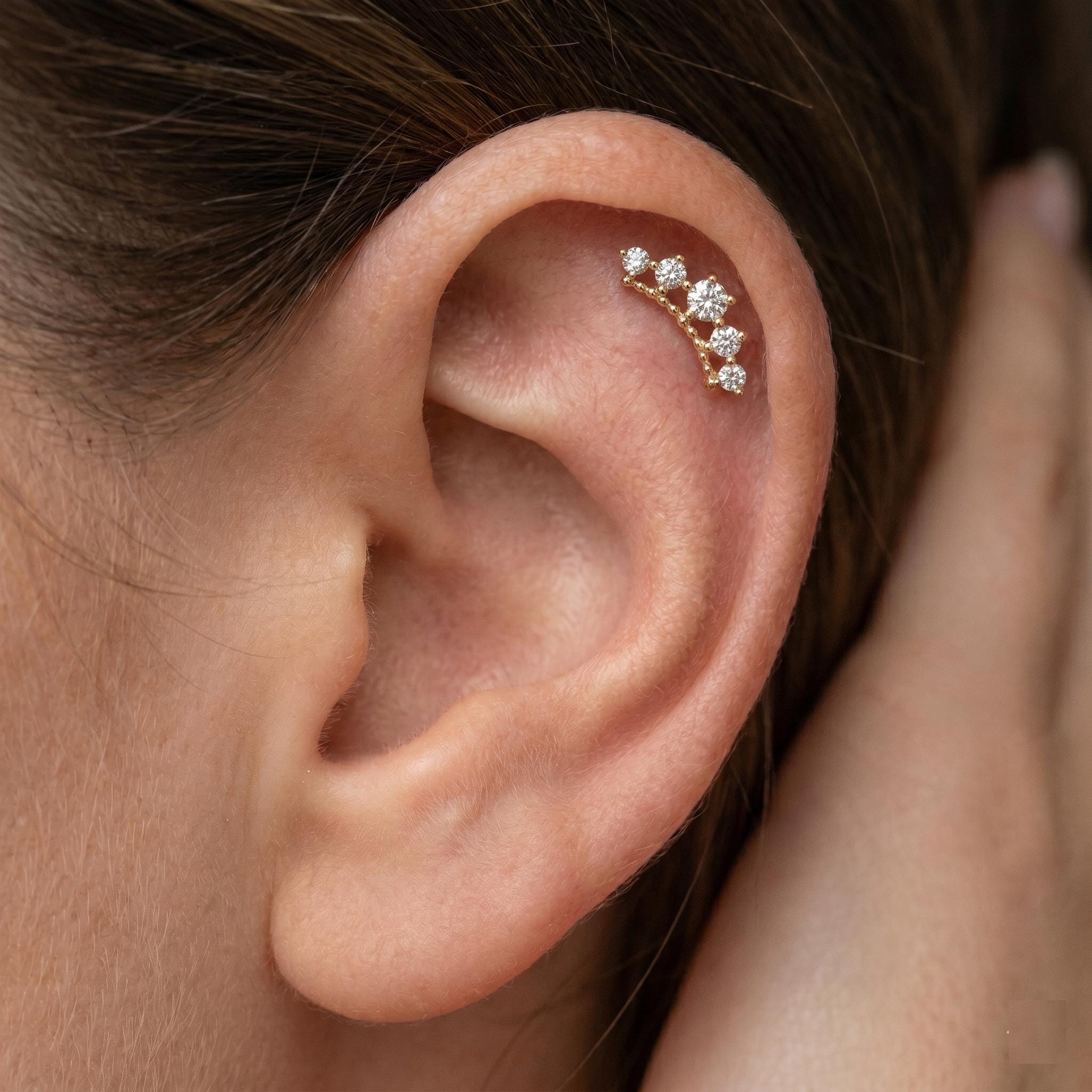 14K Solid Gold Graduated CZ Cartilage Earring - Cubic zirconia, Yellow gold, Solid gold