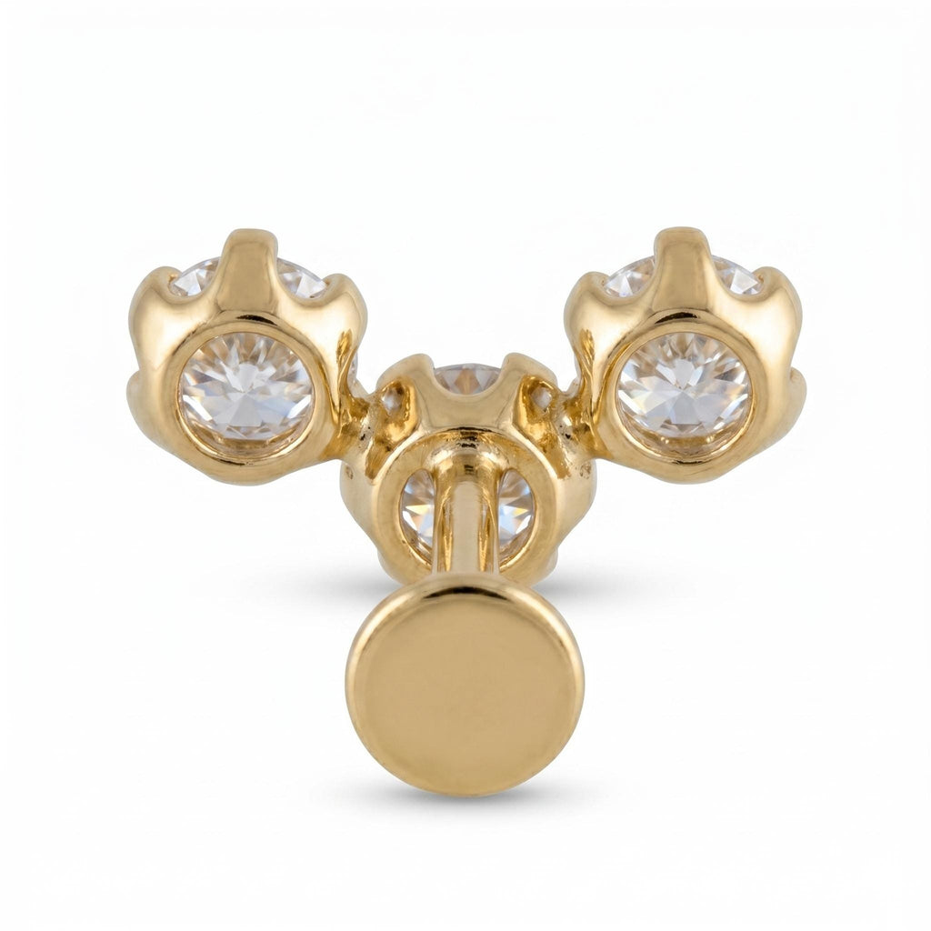 14K Solid Gold 3 Stone CZ Cartilage Earring - Cubic zirconia, Yellow gold, Solid gold