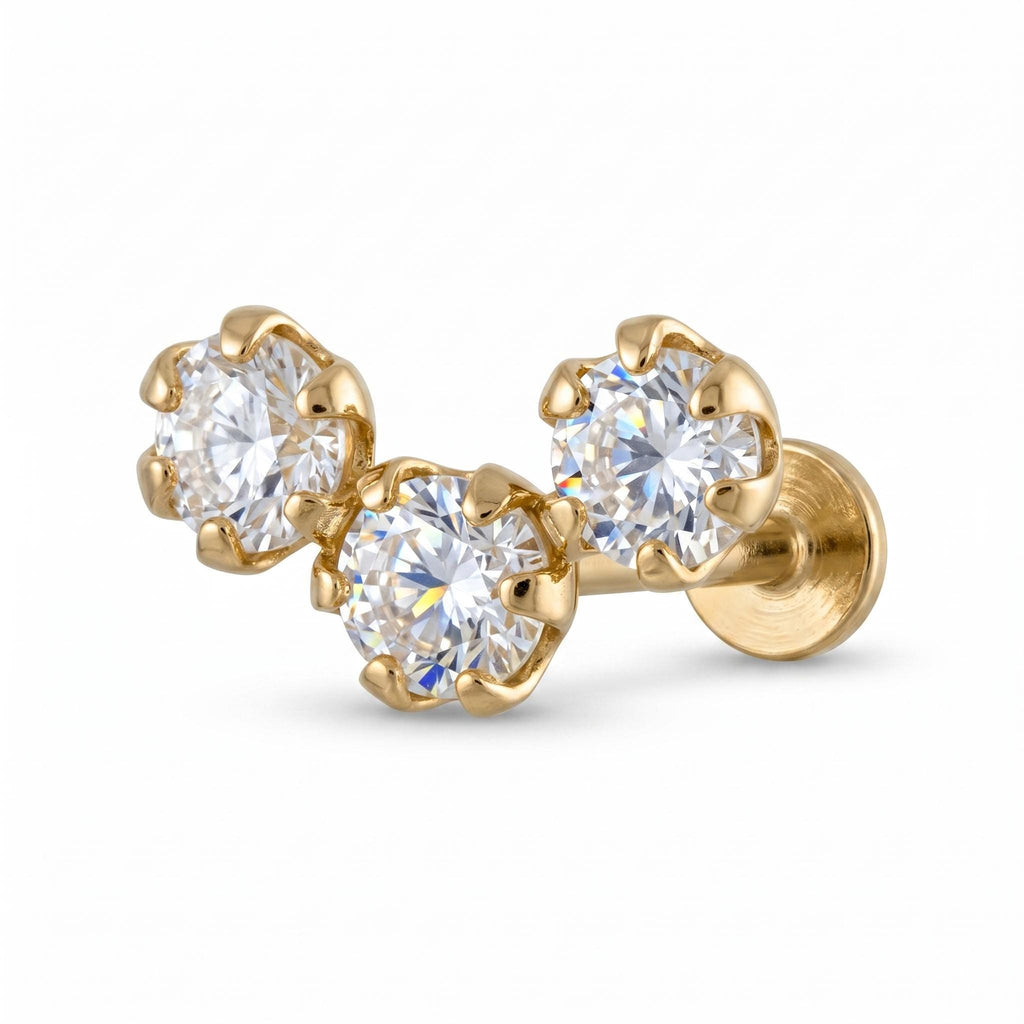 14K Solid Gold 3 Stone CZ Cartilage Earring - Cubic zirconia, Yellow gold, Solid gold