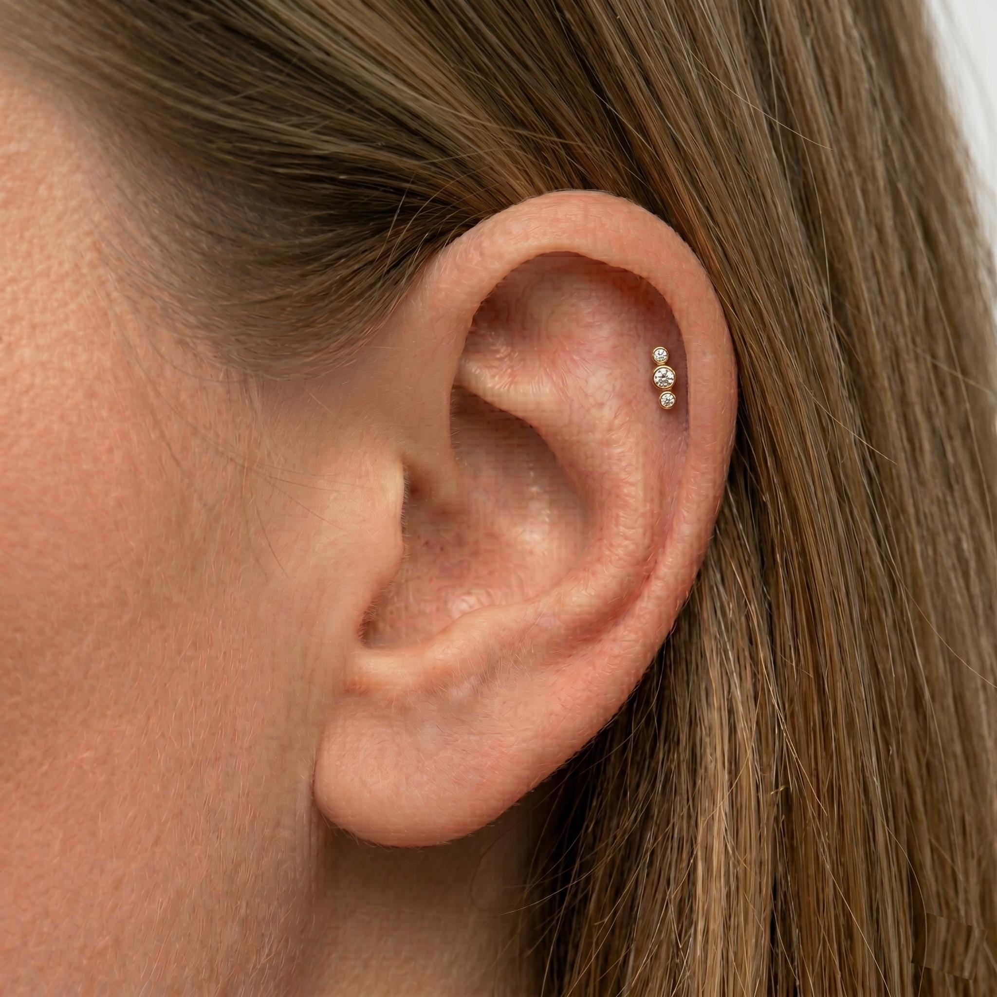 14K Solid Gold 3 Stone CZ Cartilage Earring - Cubic zirconia, Yellow gold, Solid gold