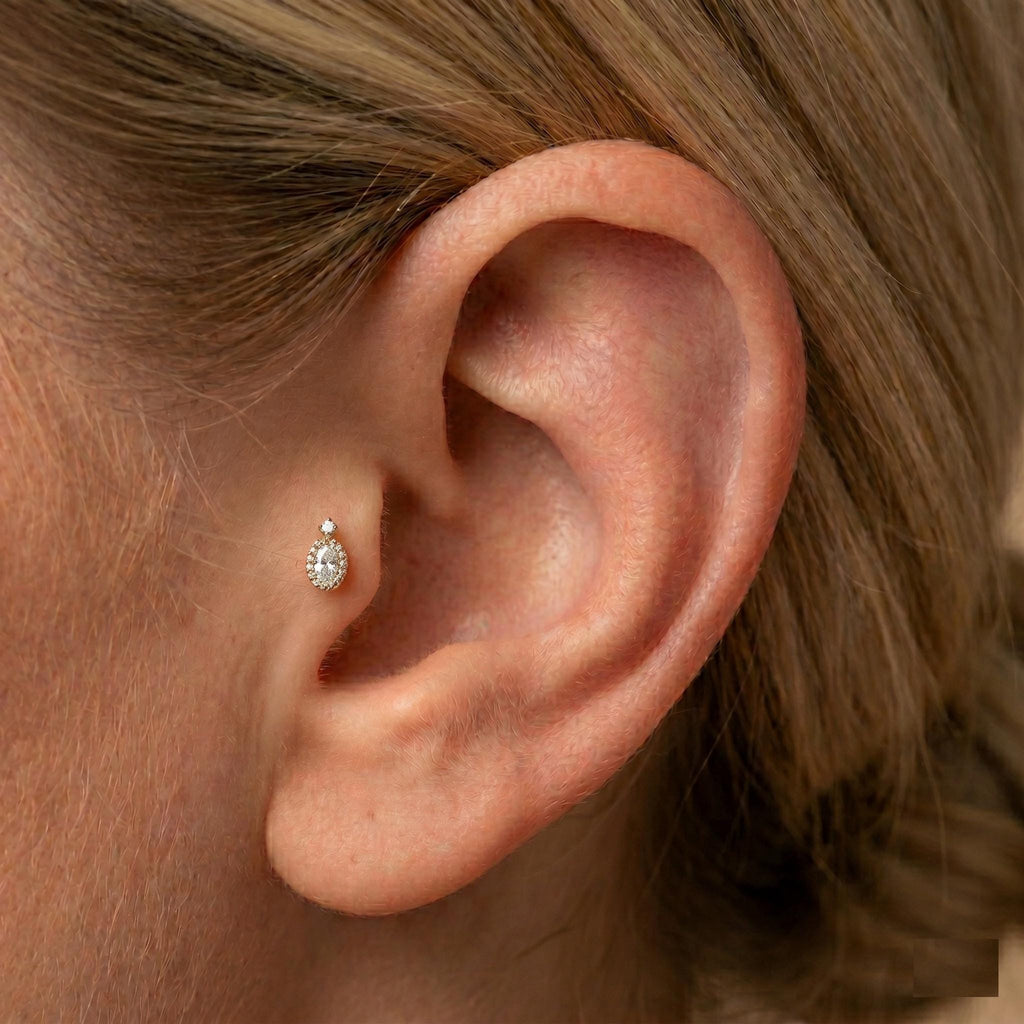 14K Solid Gold Oval CZ Cartilage Earring - Cubic zirconia, Yellow gold, Solid gold