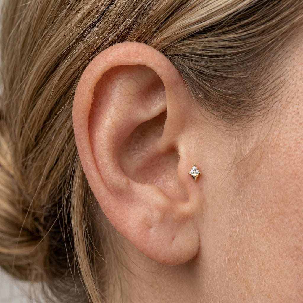 14K Solid Gold Triangle CZ Cartilage Earring - Cubic zirconia, Yellow gold, Solid gold
