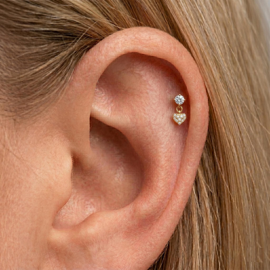 14K Solid Gold CZ Dangle Cartilage Earring - Cubic zirconia, Yellow gold, Solid gold