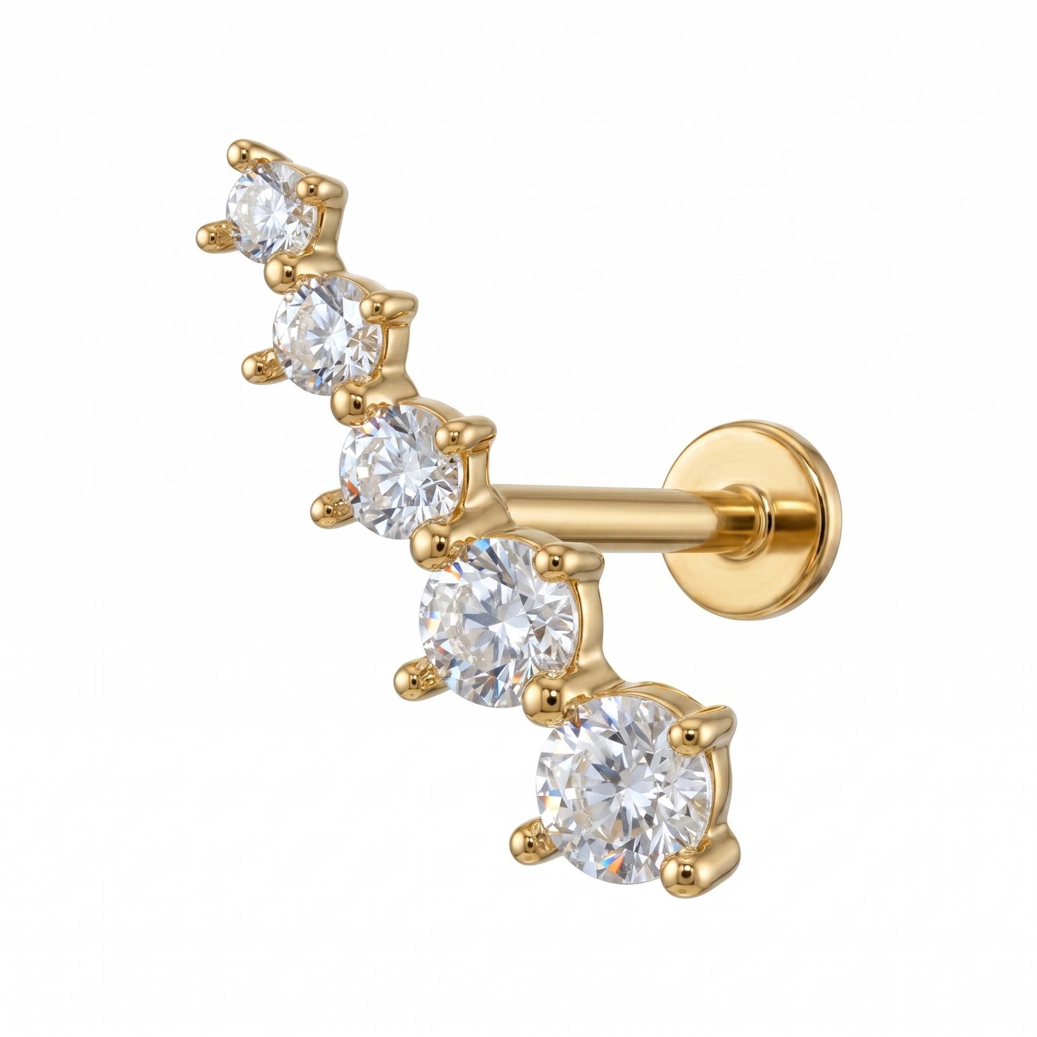 14K Solid Gold CZ Graduated Cartilage Earring - Cubic zirconia, Yellow gold, Solid gold
