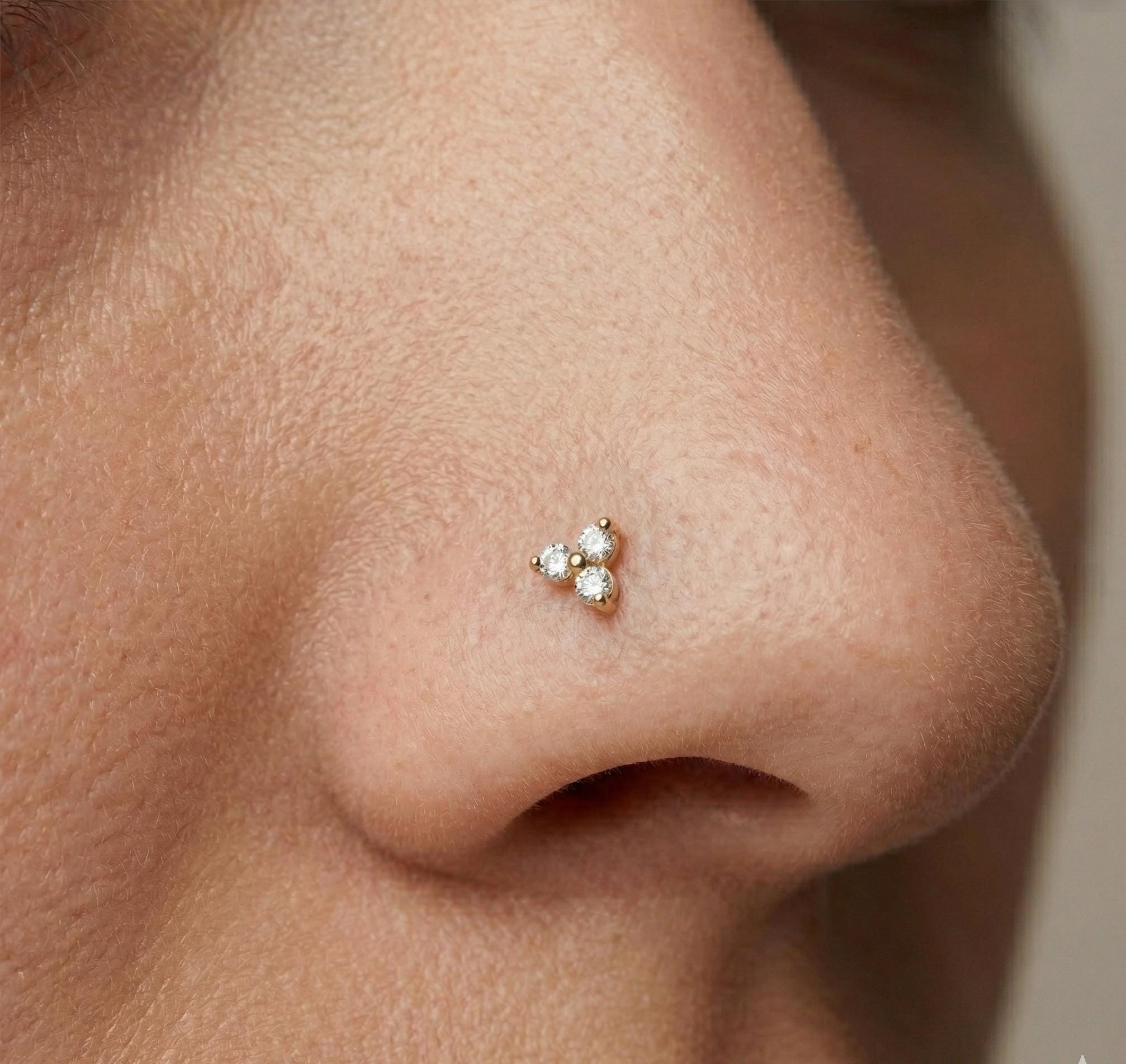 14K Solid Gold Trinity Nose Stud - Cubic zirconia, Yellow gold, Solid gold