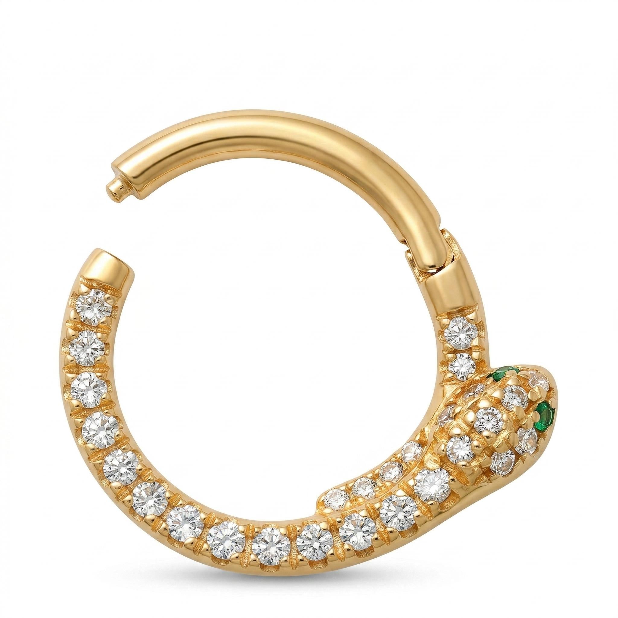 10K Solid Gold Snake Daith Ring - Cubic zirconia, Yellow gold, Solid gold
