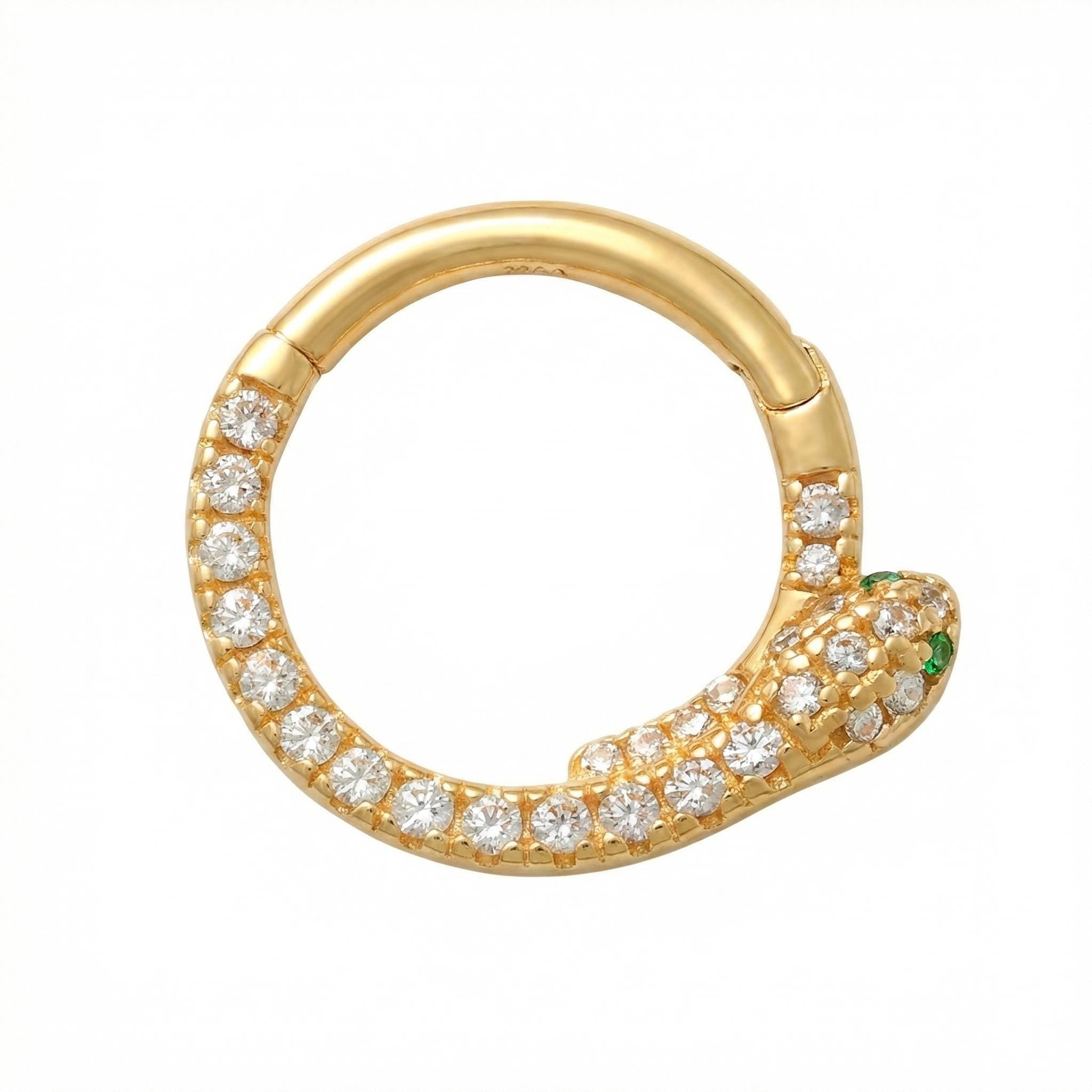 10K Solid Gold Snake Daith Ring - Cubic zirconia, Yellow gold, Solid gold