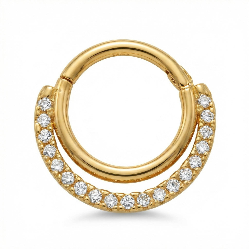14K Solid Gold CZ Clicker Hoop - Cubic zirconia, Yellow gold, Solid gold
