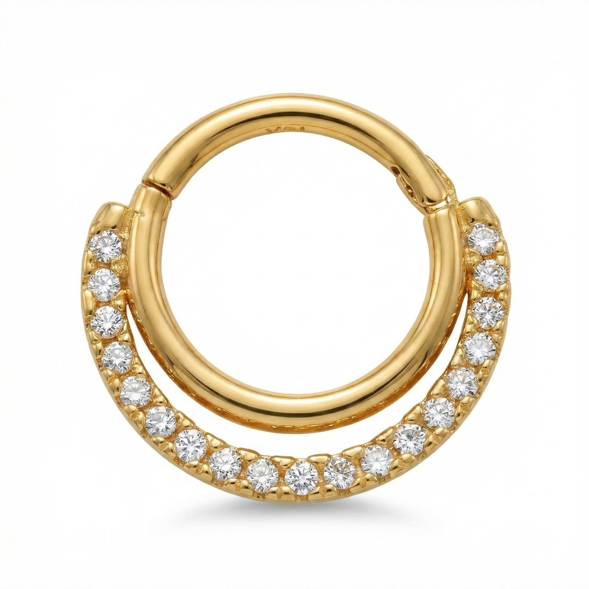 14K Solid Gold CZ Clicker Hoop - Cubic zirconia, Yellow gold, Solid gold