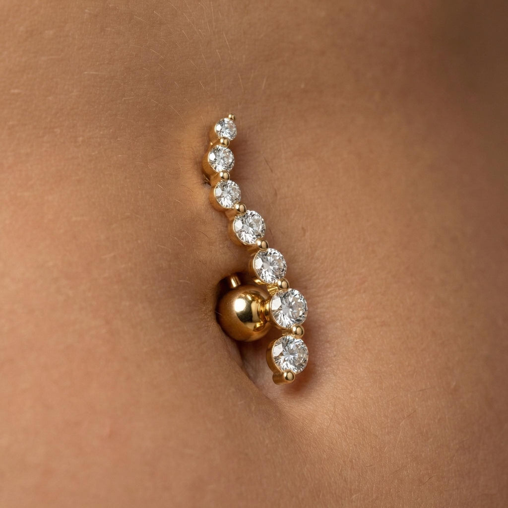 14K Solid Gold Belly Ring - Cubic zirconia, Yellow gold, Solid gold