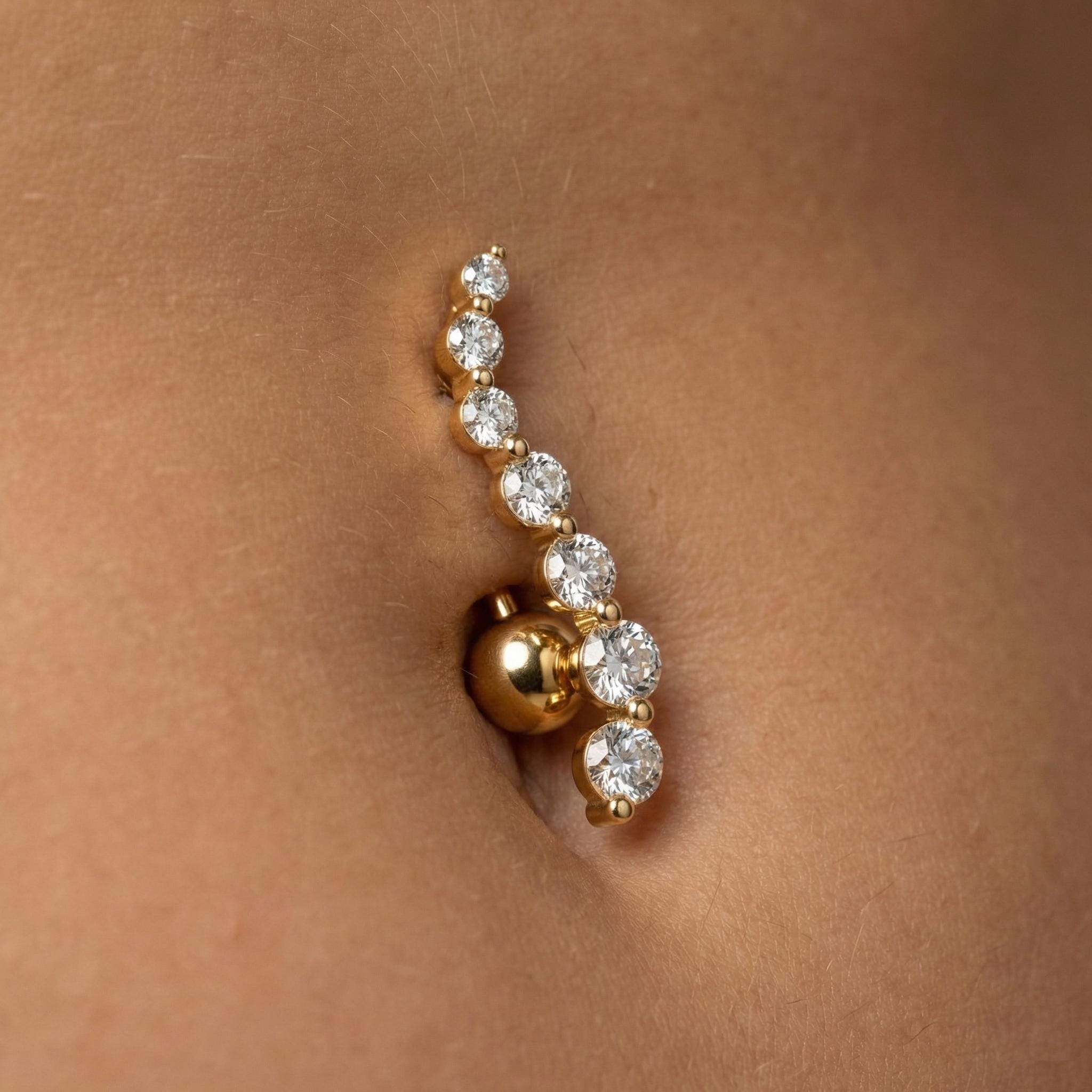 14K Solid Gold Belly Ring - Cubic zirconia, Yellow gold, Solid gold