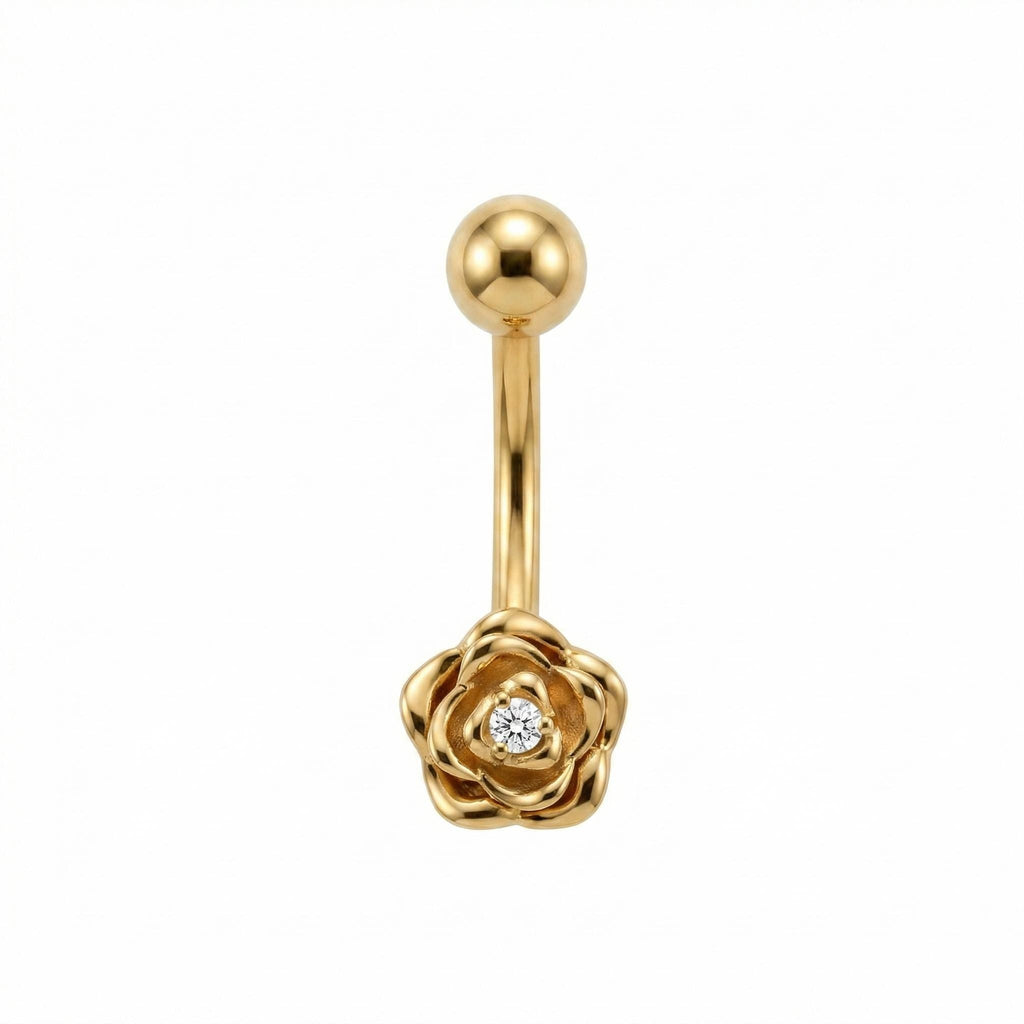 10K Solid Gold Belly Ring - Cubic zirconia, Yellow gold, Solid gold